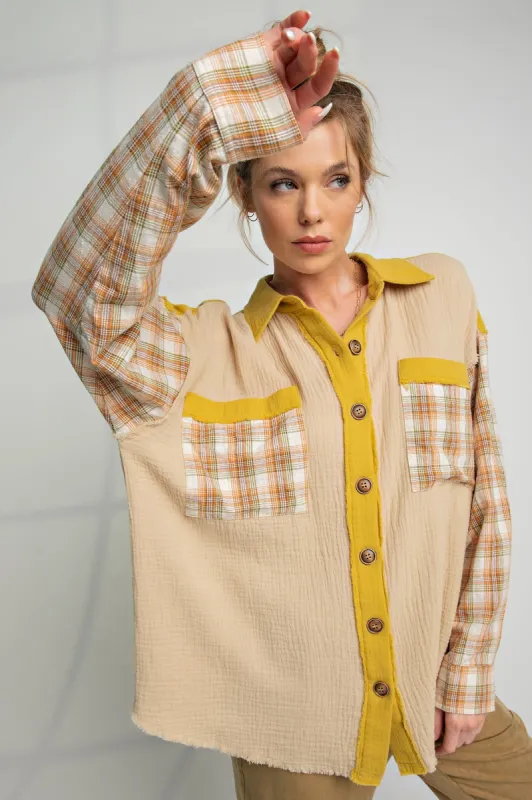 Beige Gauze Plaid Mix Button Up Top sold by Pinkblush