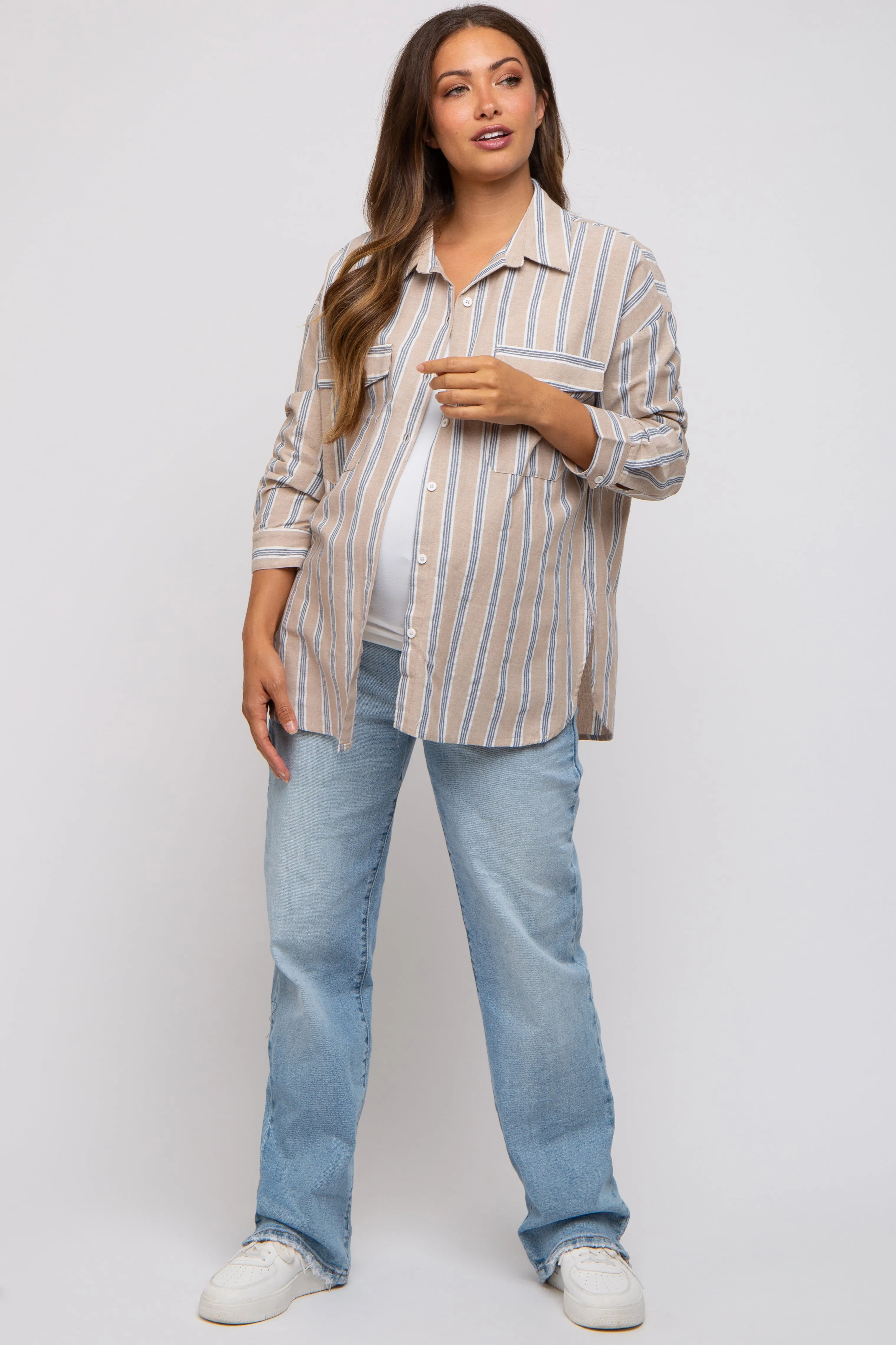 Taupe Striped Button Up Maternity Top sold by Pinkblush product image thumbnail 4