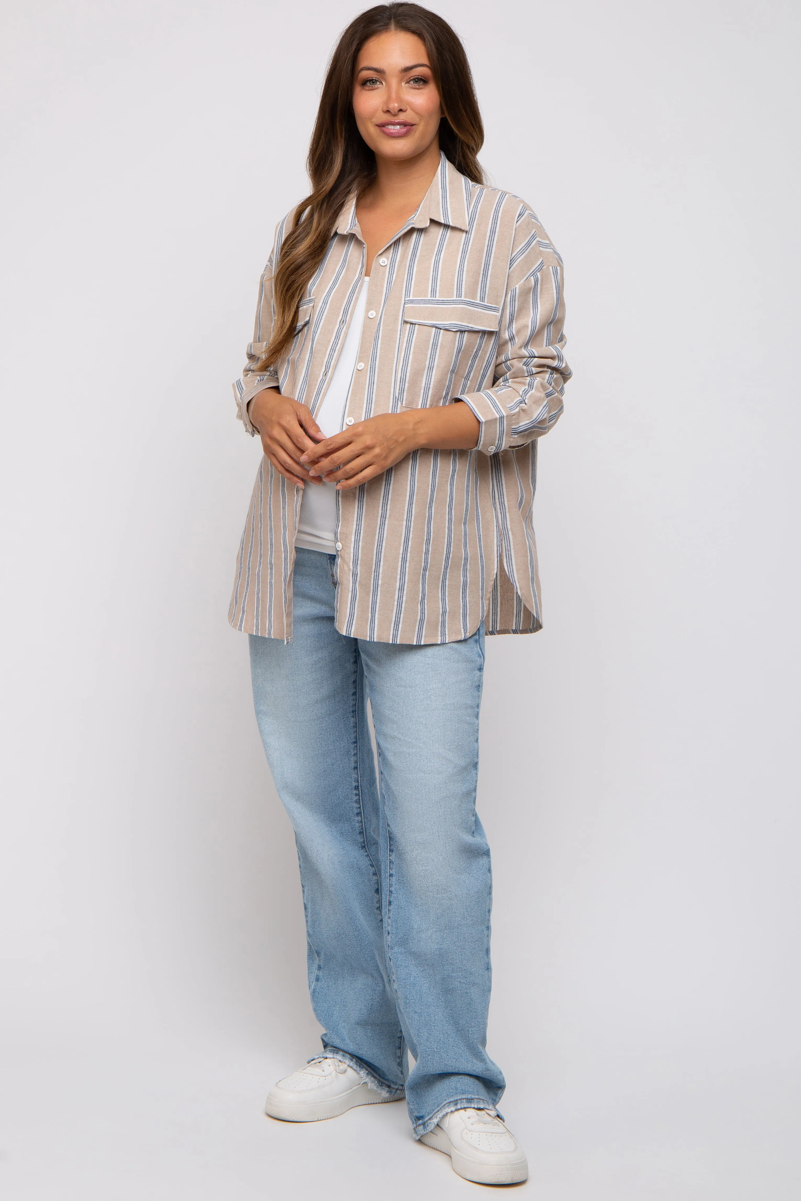 Taupe Striped Button Up Maternity Top sold by Pinkblush product image thumbnail 5