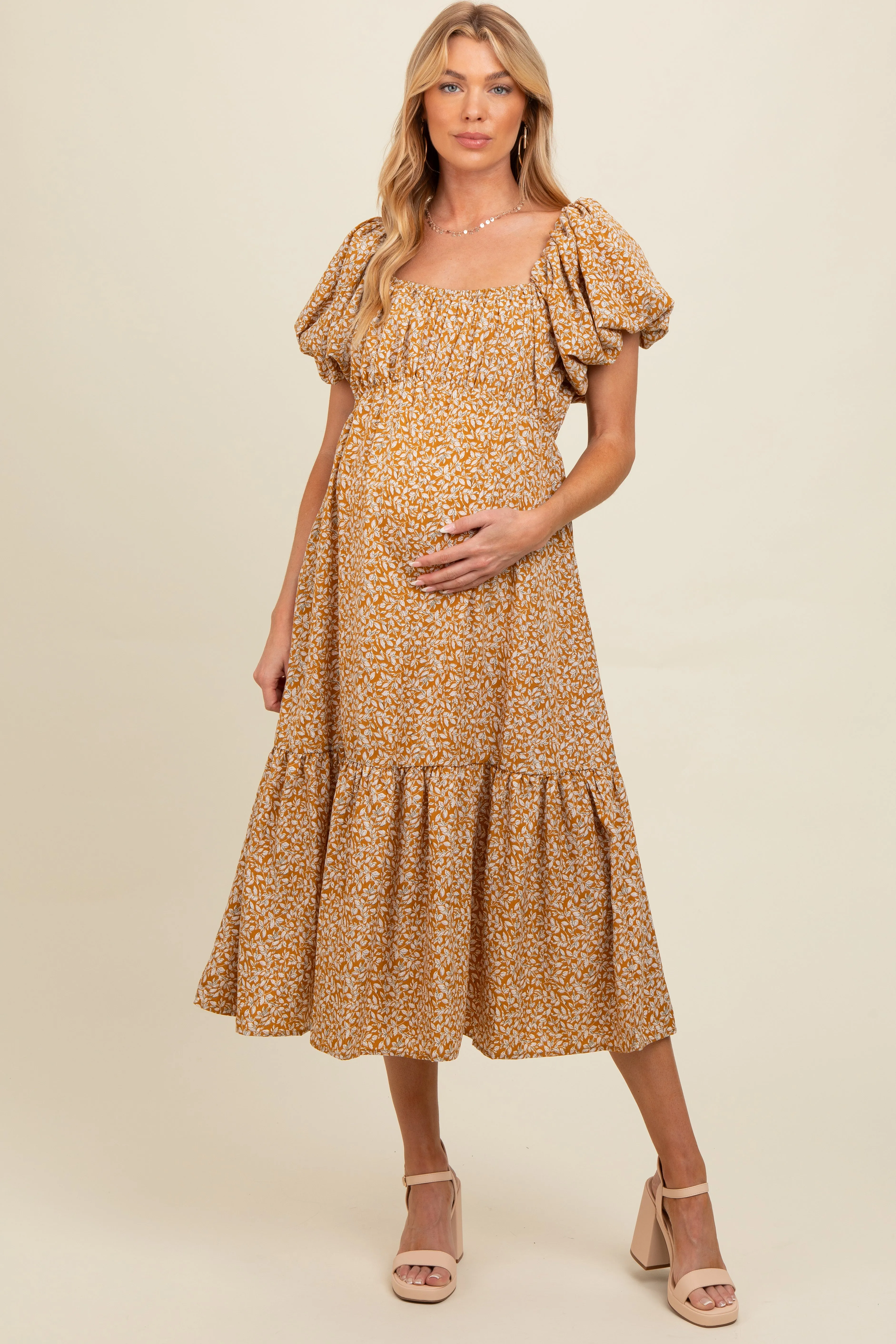 Yellow Floral Puffed Sleeve Maternity Midi Dress sold by Pinkblush