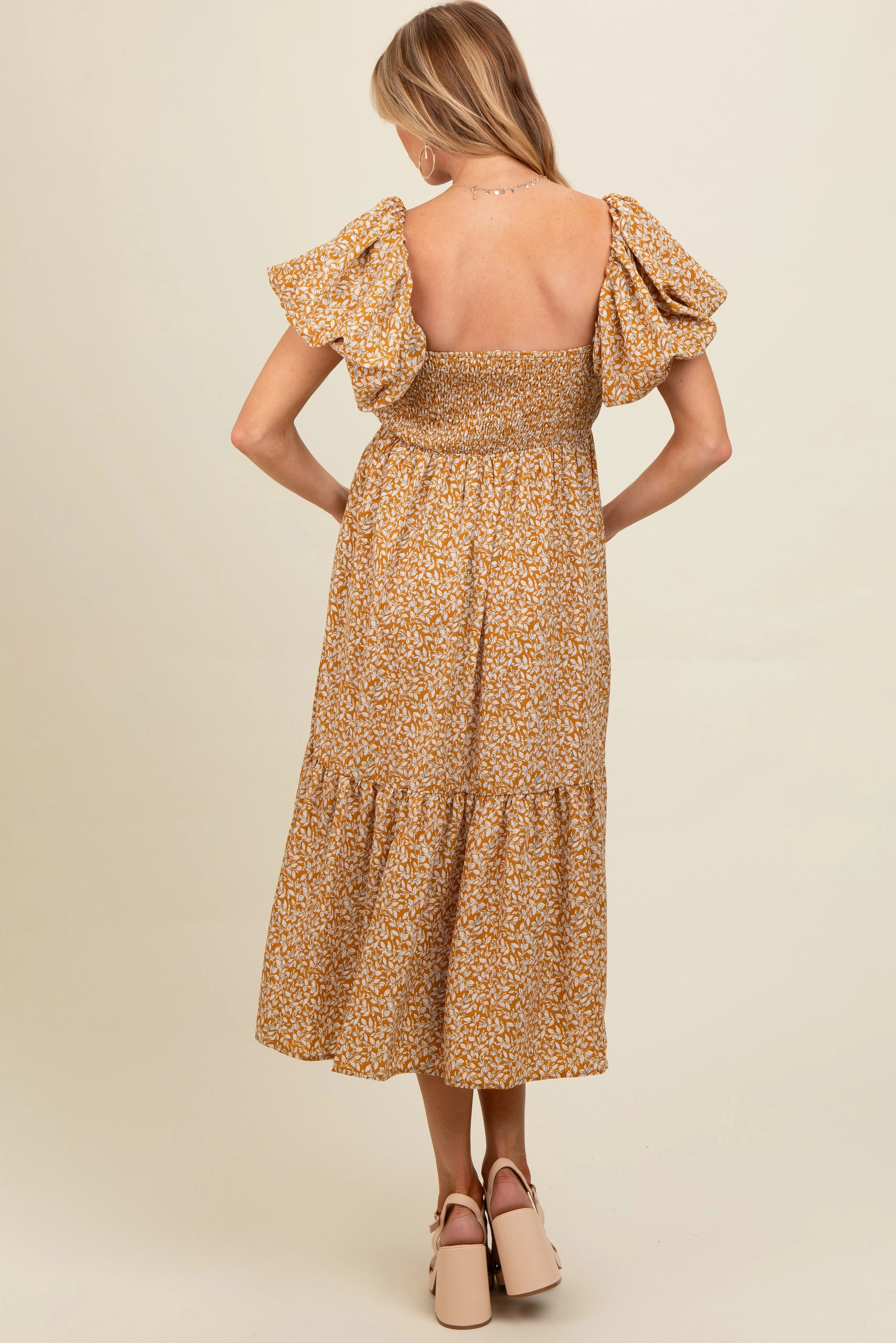 Yellow Floral Puffed Sleeve Maternity Midi Dress sold by Pinkblush product image thumbnail 3