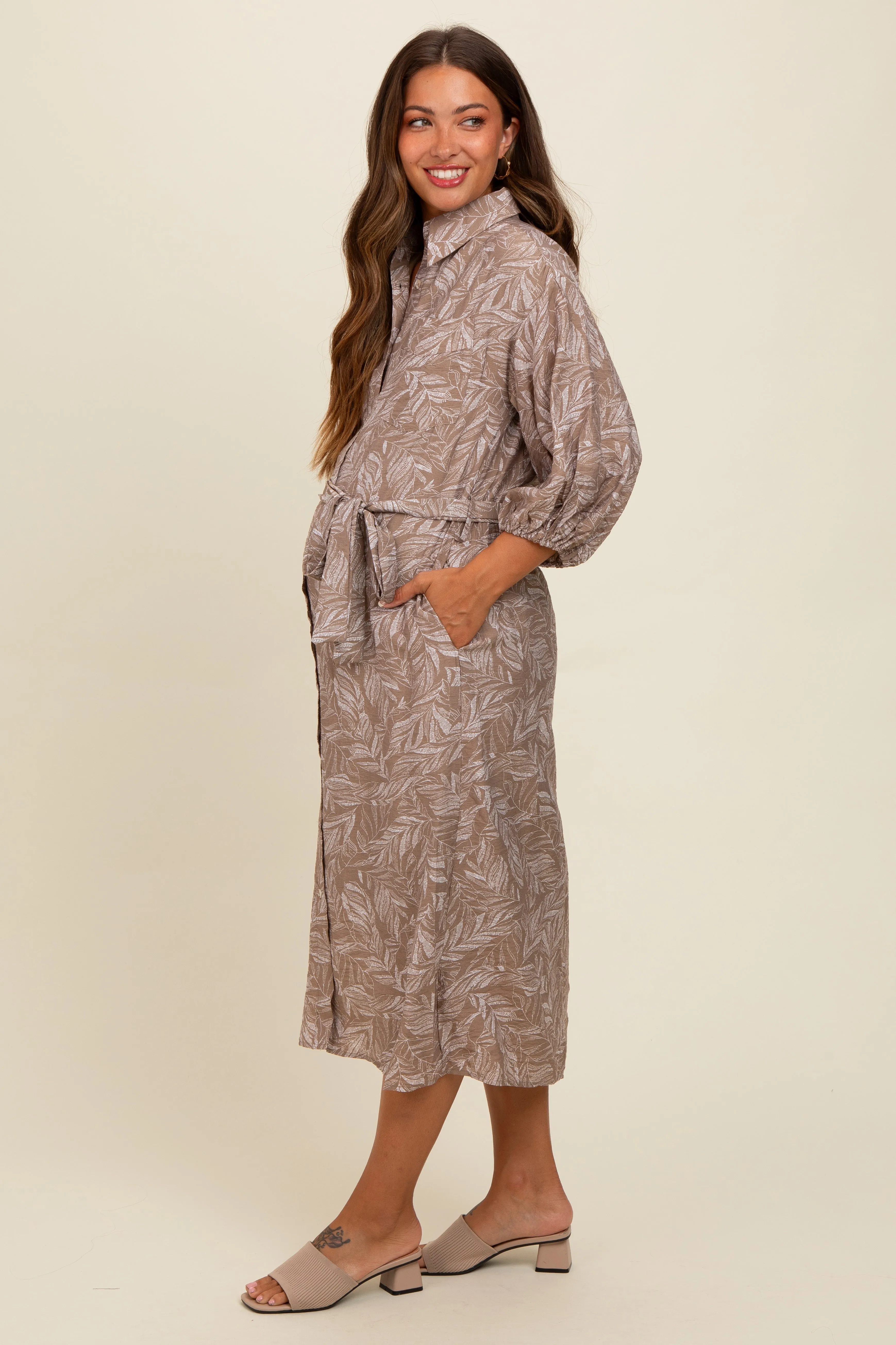 Mocha Leaf Print Button Down Front Tie Maternity Midi Dress sold by Pinkblush product image thumbnail 2