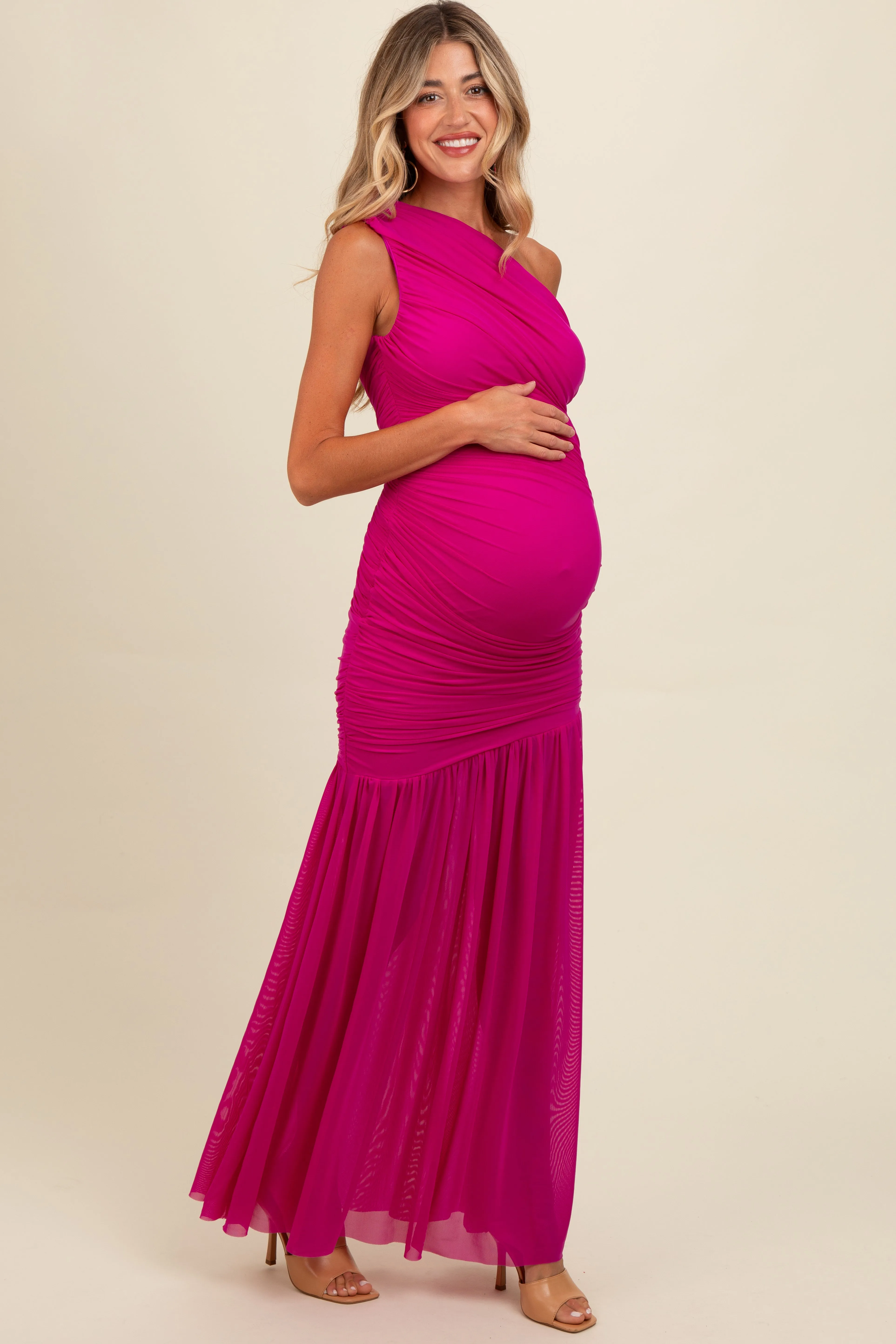Magenta Ruched Mesh One Shoulder Maternity Maxi Dress sold by Pinkblush product image thumbnail 2