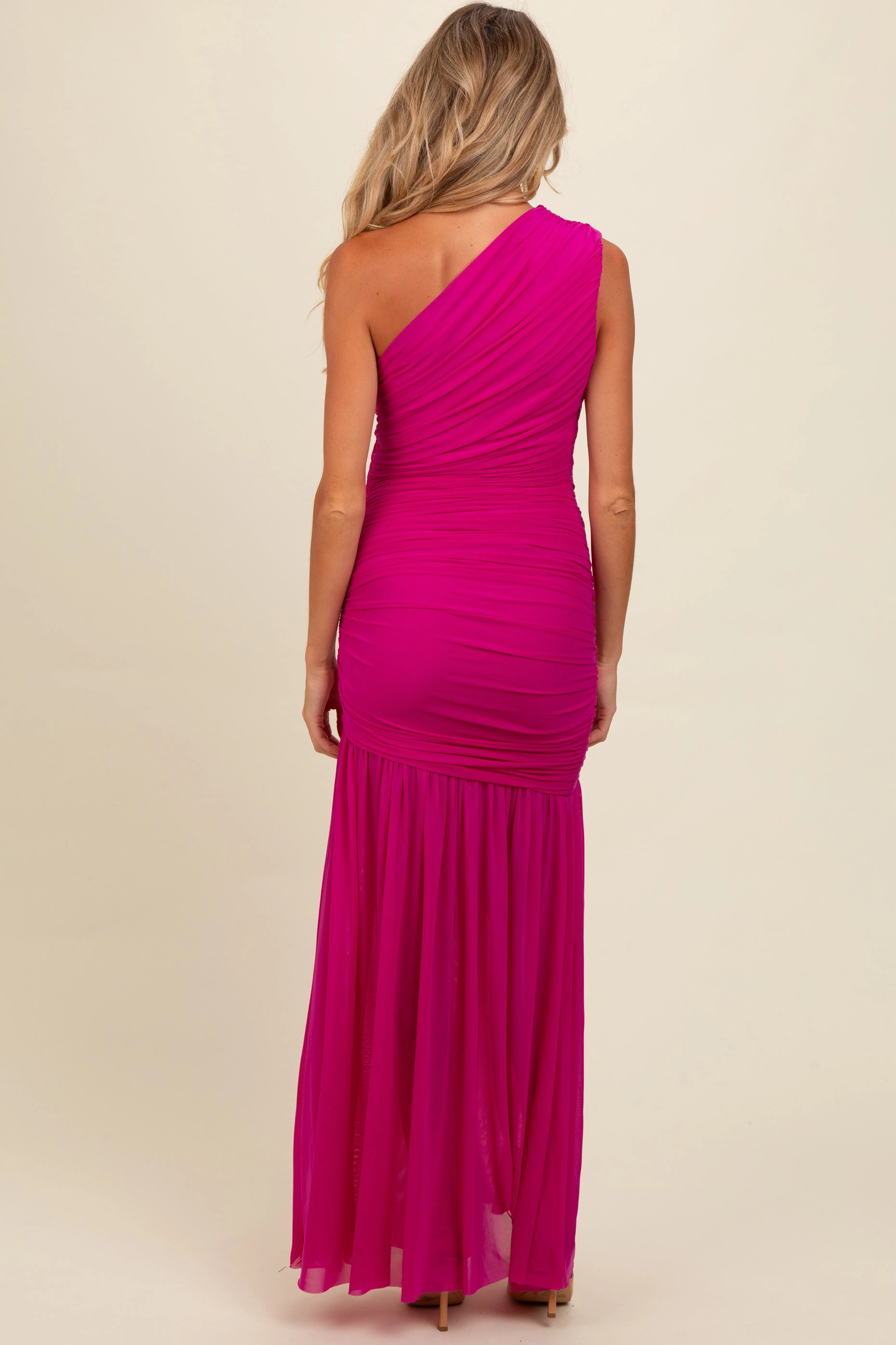 Magenta Ruched Mesh One Shoulder Maternity Maxi Dress sold by Pinkblush product image thumbnail 3