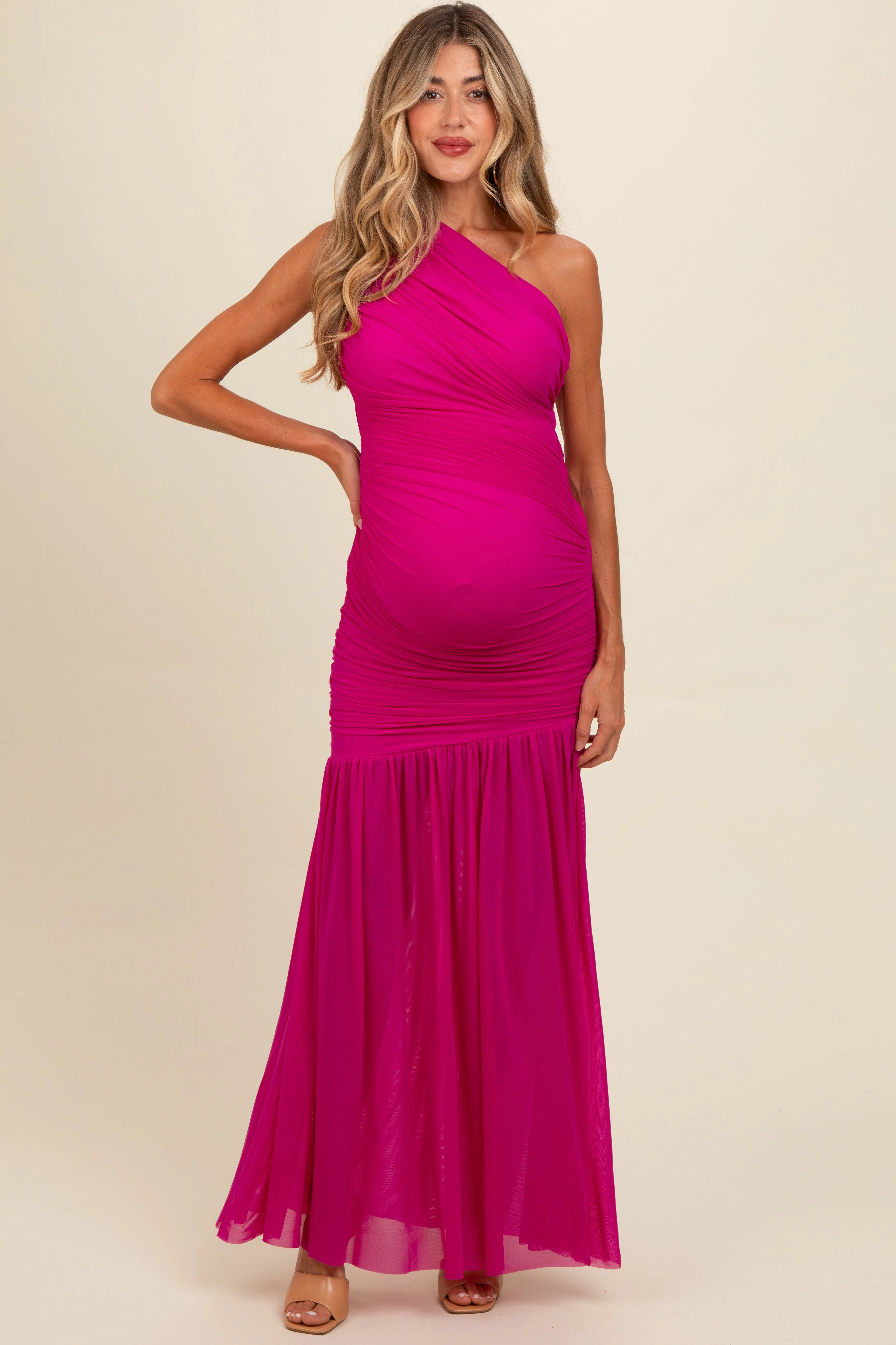 Magenta Ruched Mesh One Shoulder Maternity Maxi Dress sold by Pinkblush