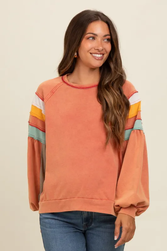 Orange Colorblock Bubble Sleeve Maternity Pullover sold by Pinkblush