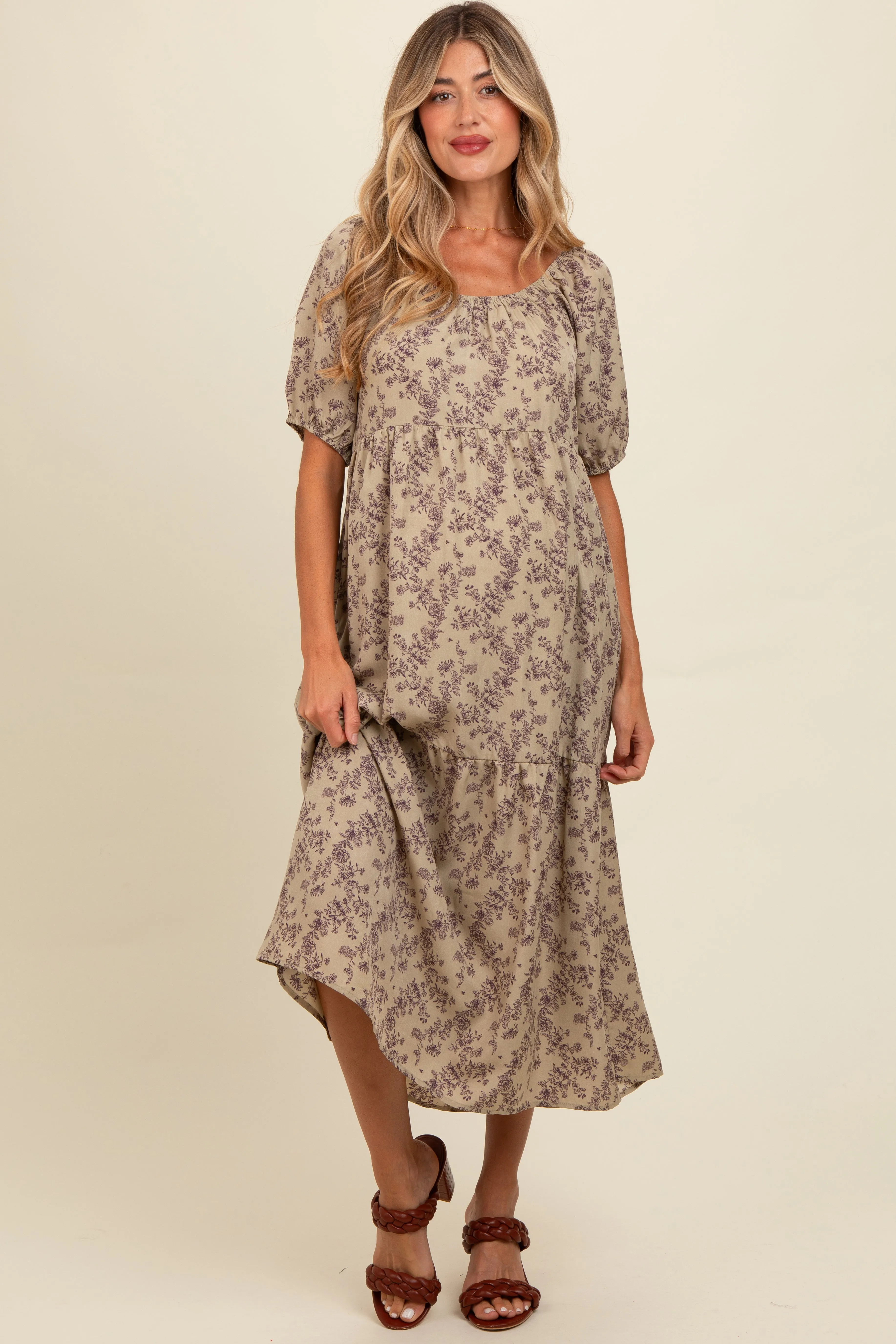 Mocha Floral Ruffle Hem Maternity Midi Dress sold by Pinkblush product image thumbnail 2