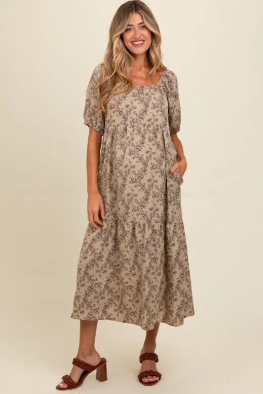Mocha Floral Ruffle Hem Maternity Midi Dress sold by Pinkblush