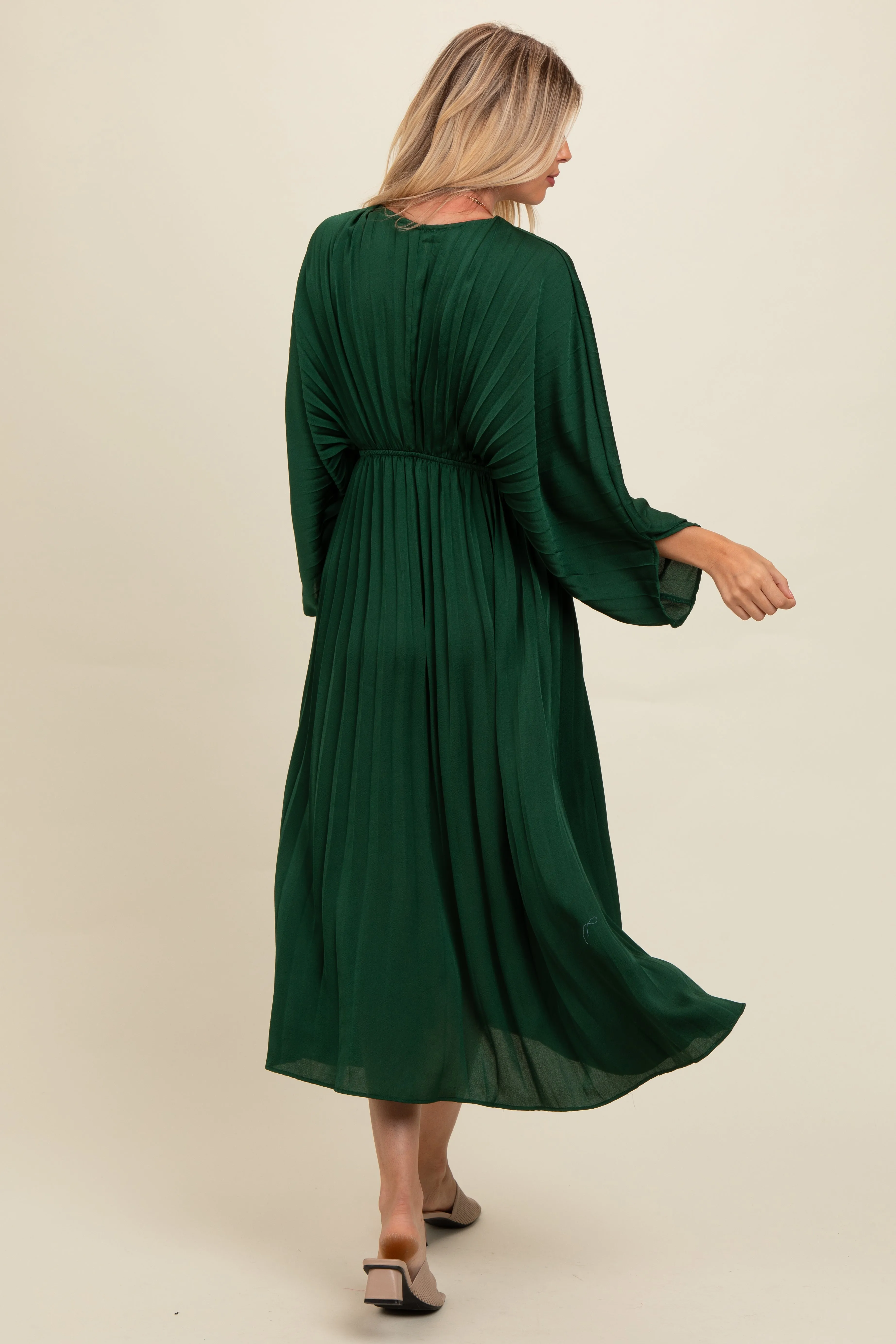 Forest Green Satin Pleated V-Neck Maxi Dress sold by Pinkblush product image thumbnail 4