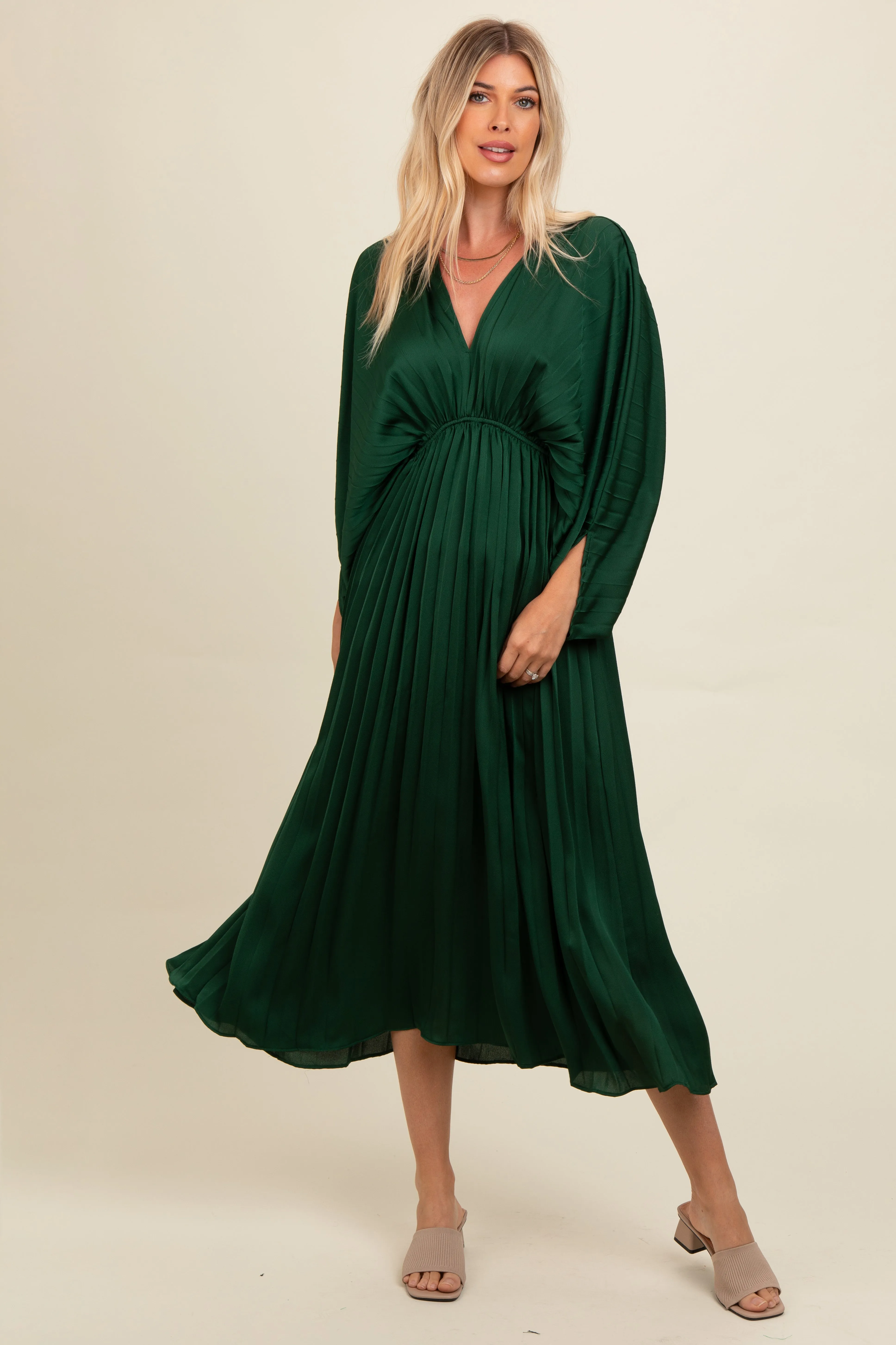 Forest Green Satin Pleated V-Neck Maxi Dress sold by Pinkblush