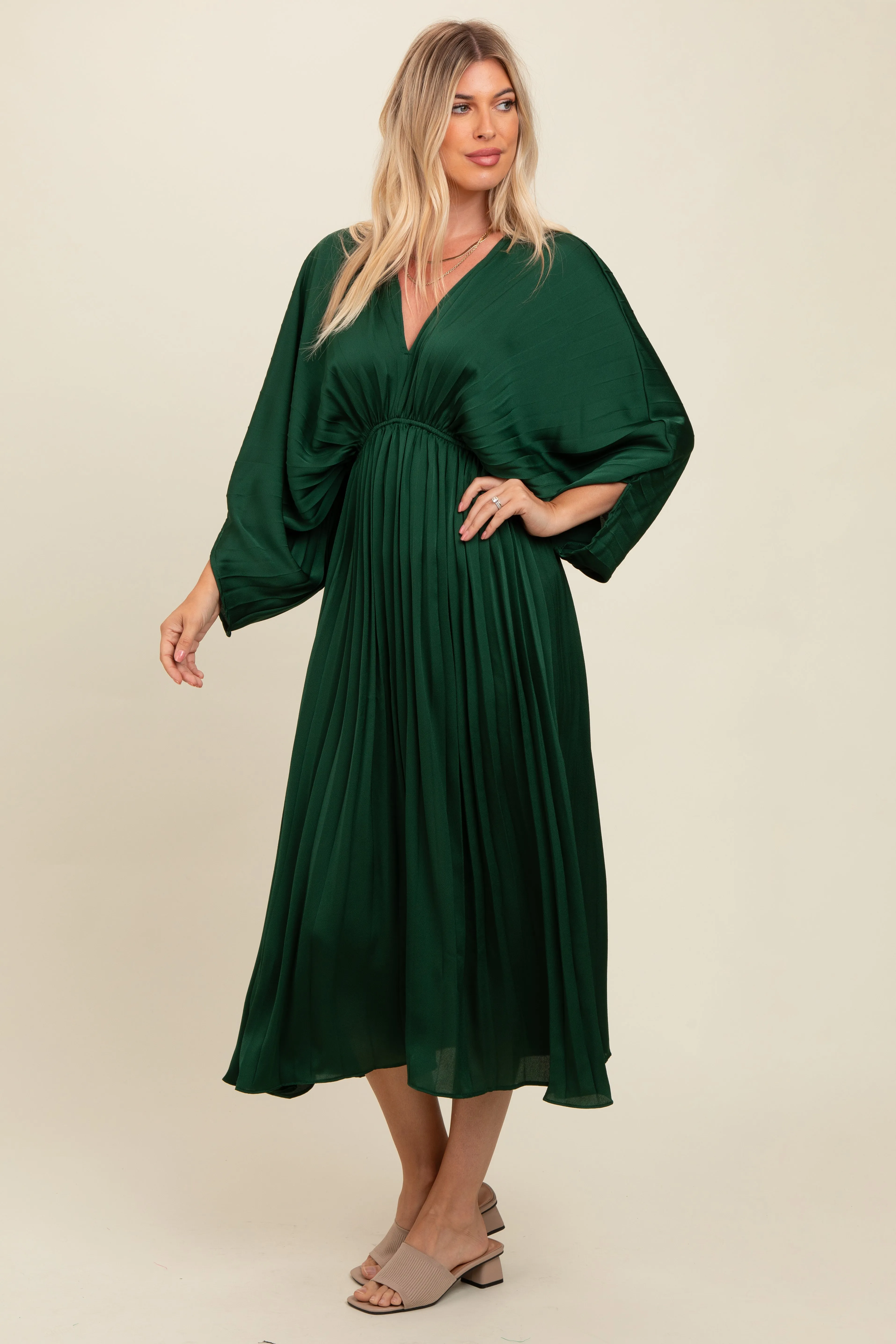 Forest Green Satin Pleated V-Neck Maxi Dress sold by Pinkblush product image thumbnail 3
