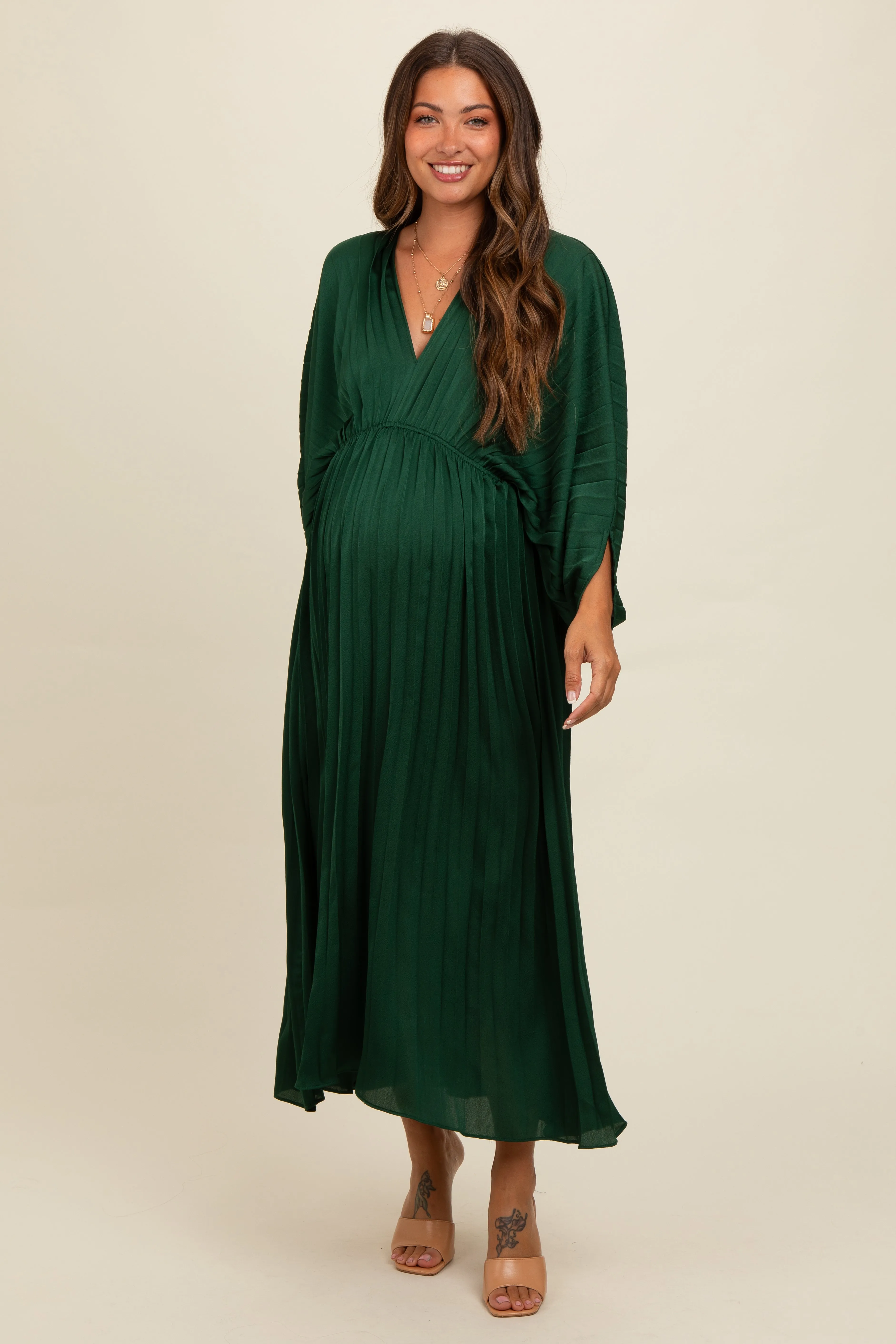 Forest Green Satin Pleated V-Neck Maternity Maxi Dress sold by Pinkblush