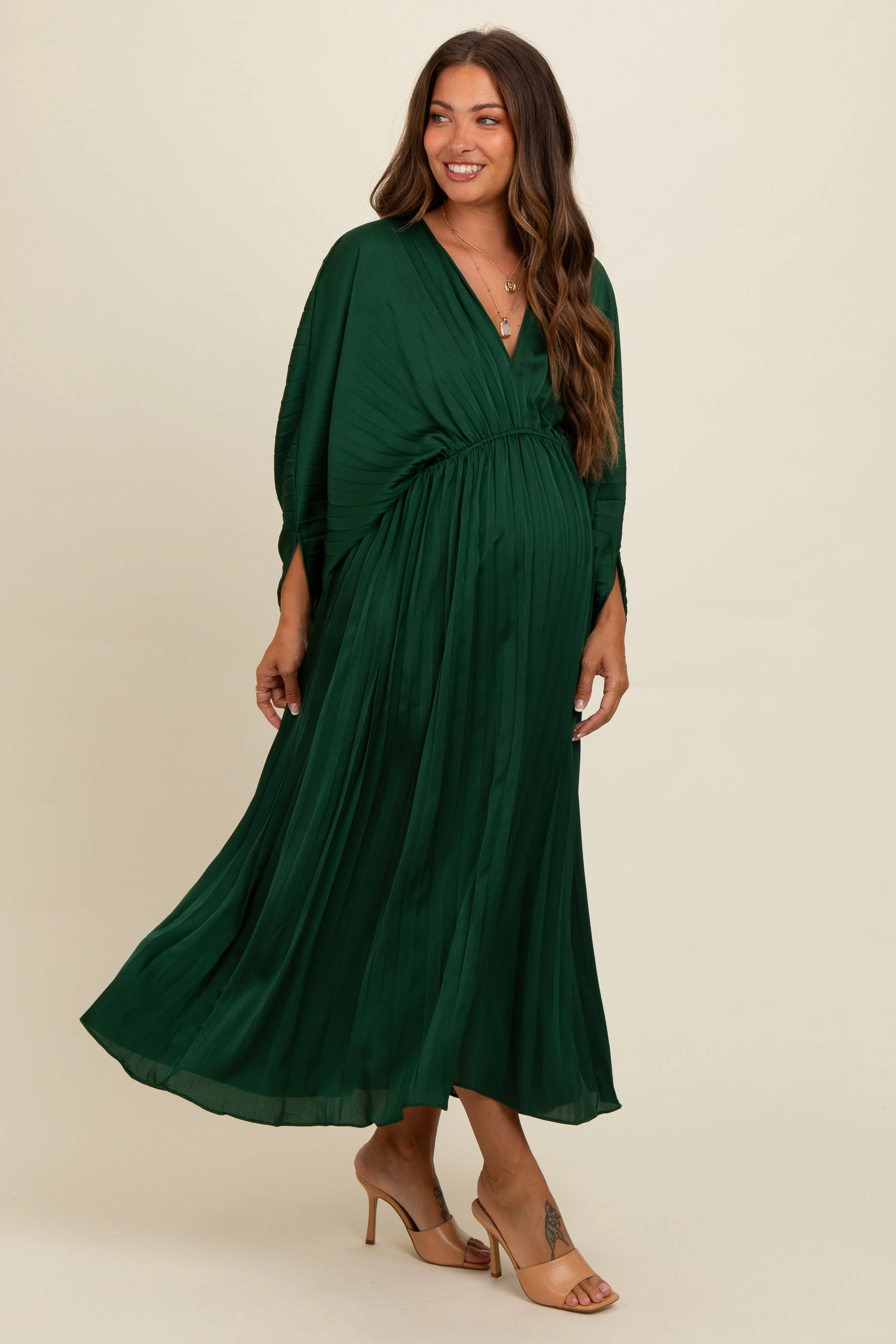 Forest Green Satin Pleated V-Neck Maternity Maxi Dress sold by Pinkblush product image thumbnail 2