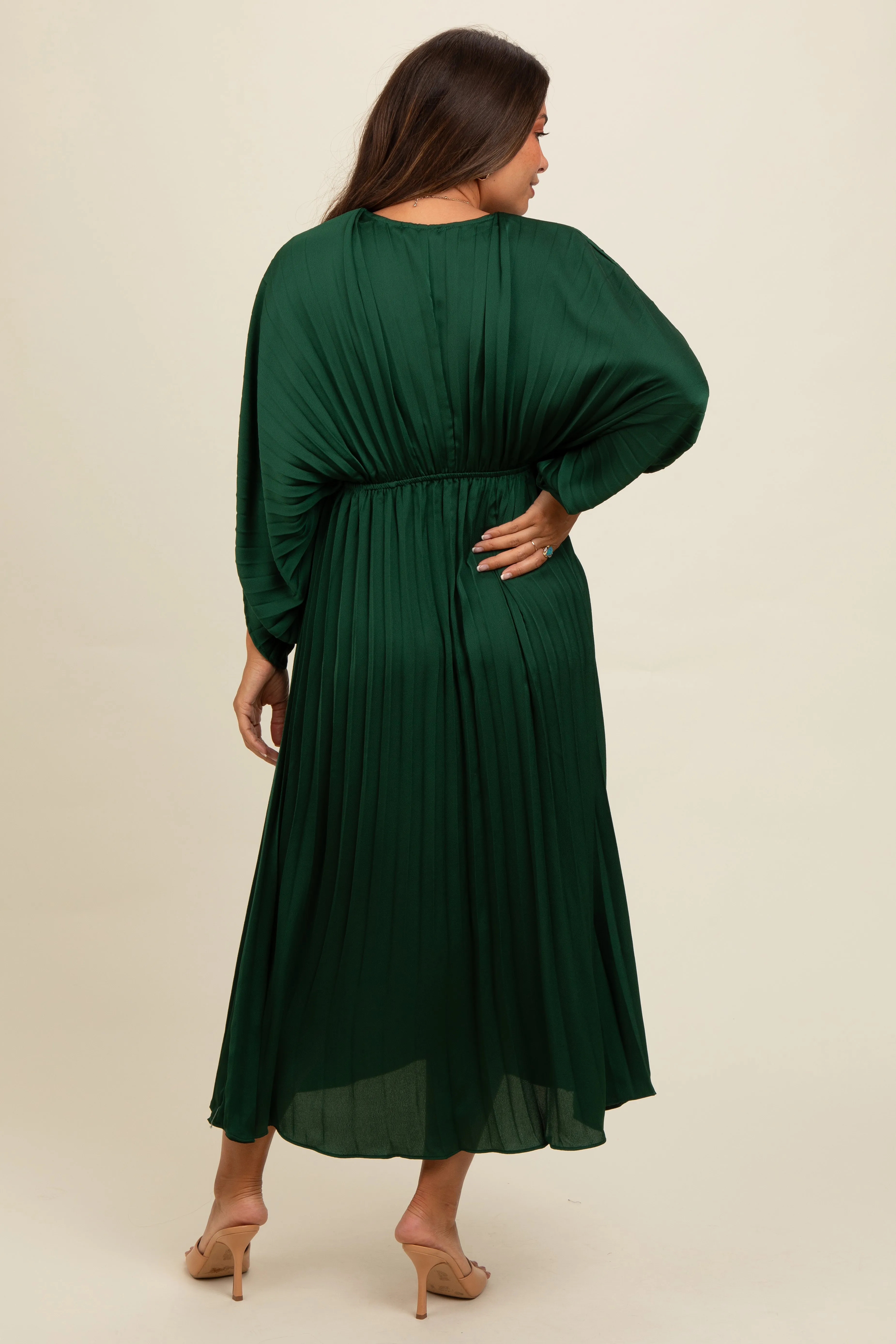 Forest Green Satin Pleated V-Neck Maternity Maxi Dress sold by Pinkblush product image thumbnail 3