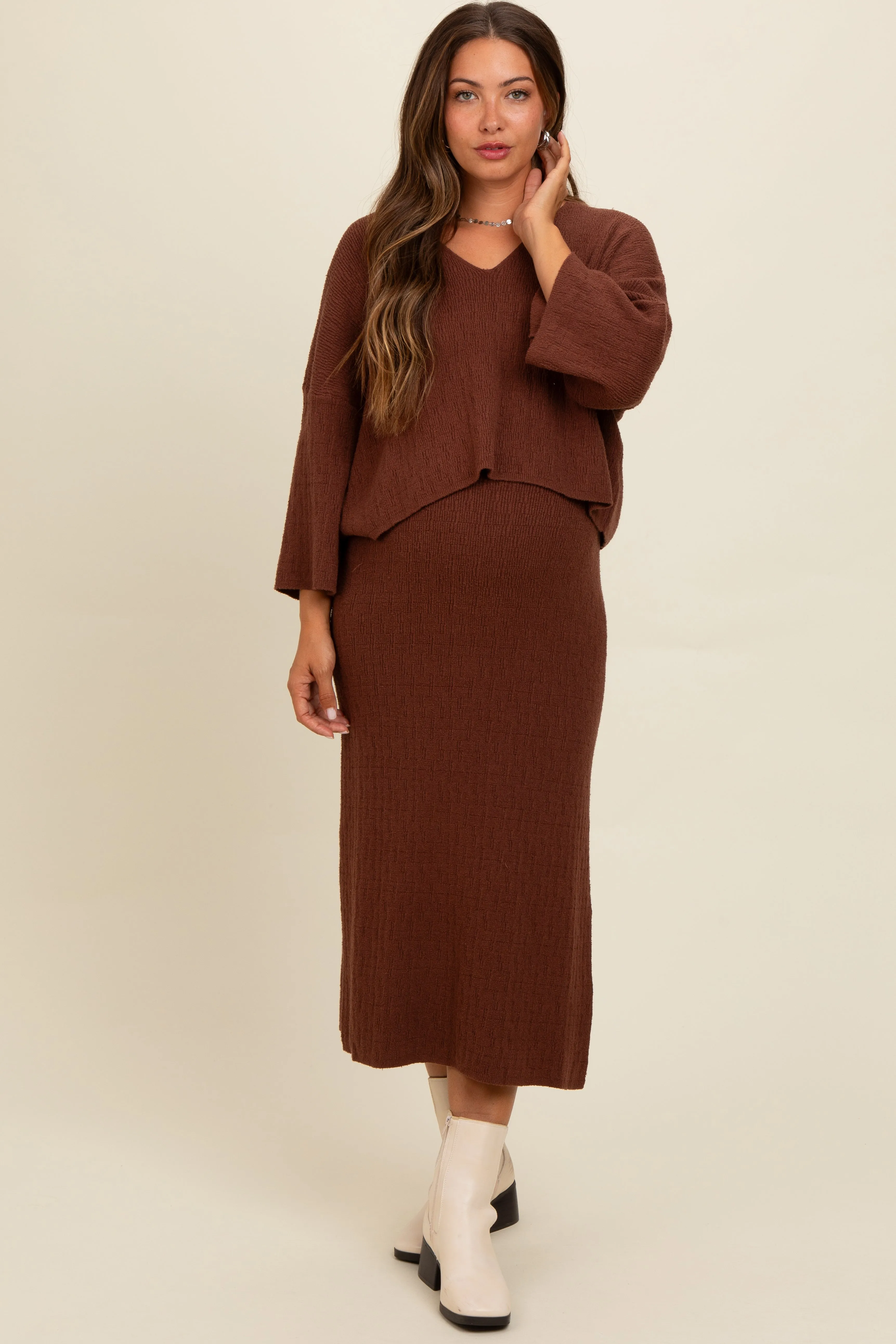 Brown Textured Knit Top And Midi Skirt Maternity Set sold by Pinkblush product image thumbnail 2