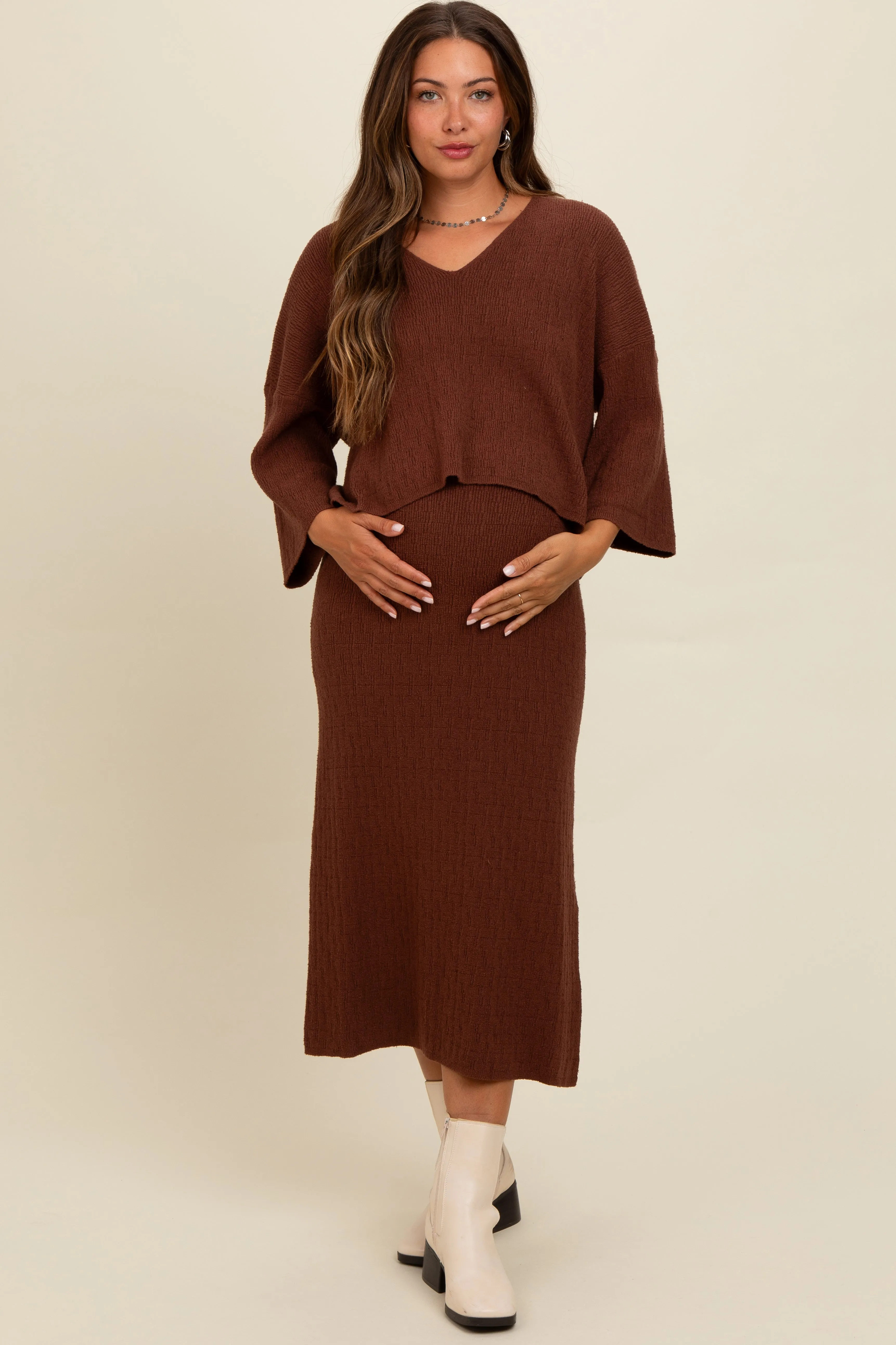 Brown Textured Knit Top And Midi Skirt Maternity Set sold by Pinkblush product image thumbnail 3