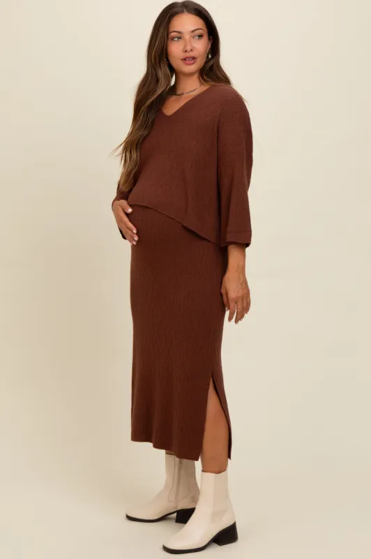 Brown Textured Knit Top And Midi Skirt Maternity Set made by Pinkblush