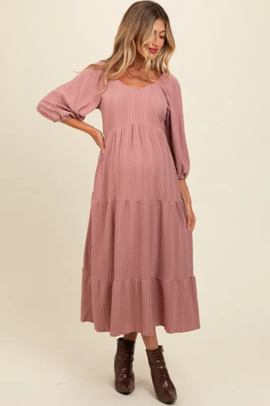 Mauve Embroidered Tiered Maternity Midi Dress sold by Pinkblush