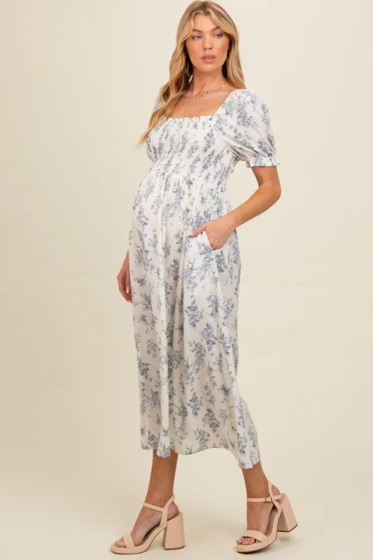Ivory Floral Smocked Sweetheart Neckline Maternity Midi Dress sold by Pinkblush