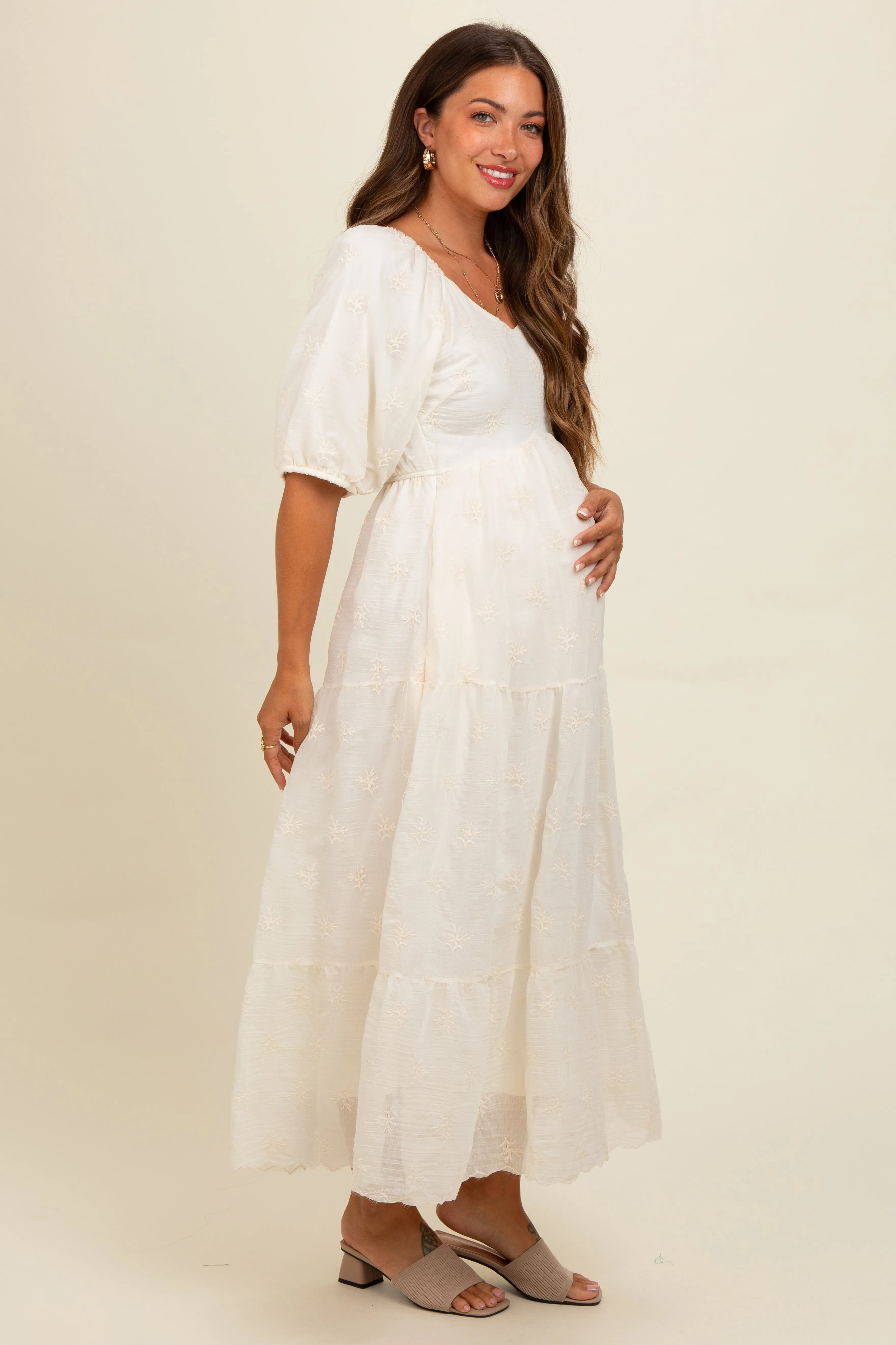 Cream Floral Puff Sleeve Maternity Midi Dress sold by Pinkblush product image thumbnail 3