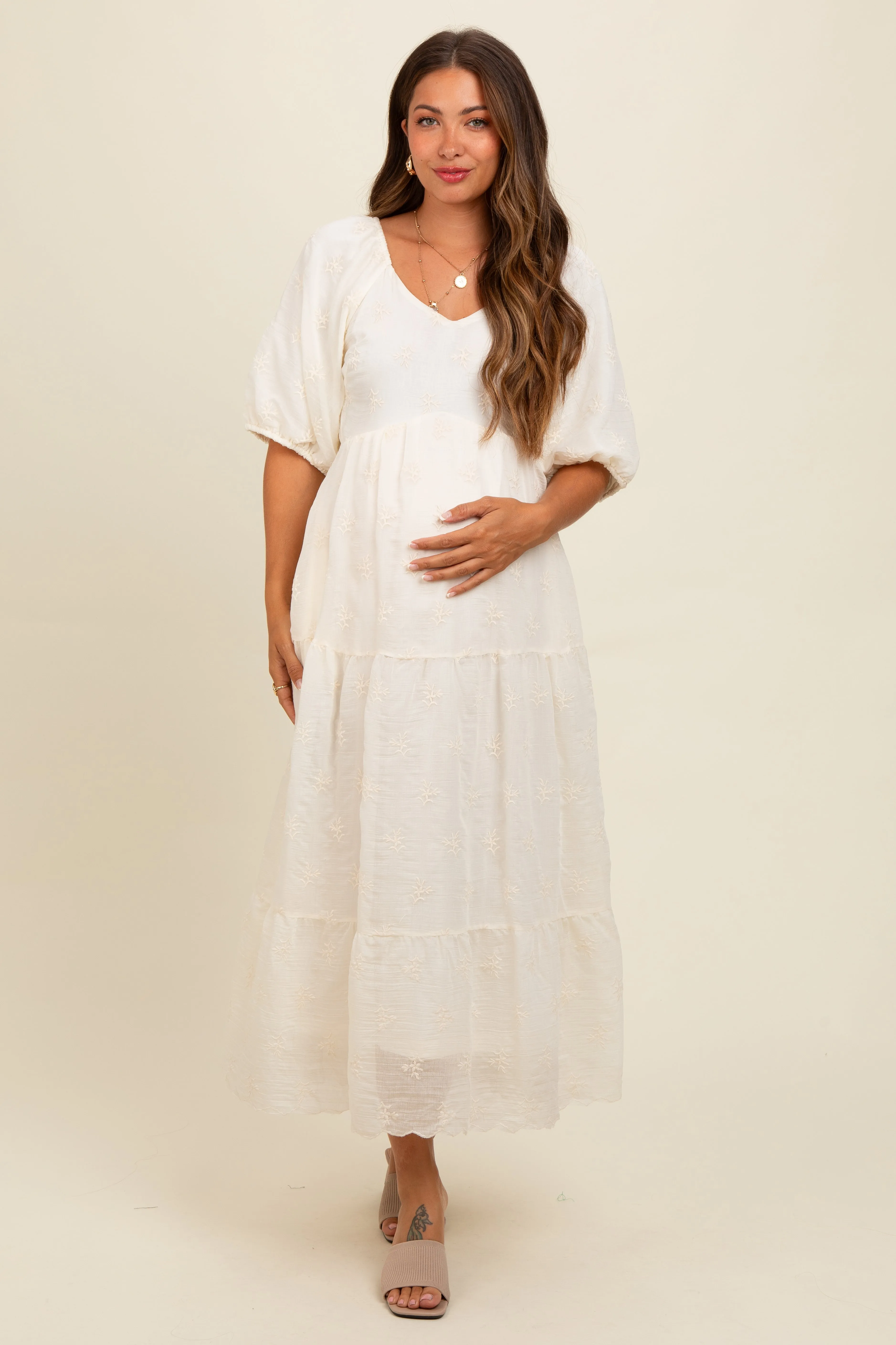 Cream Floral Puff Sleeve Maternity Midi Dress sold by Pinkblush product image thumbnail 2