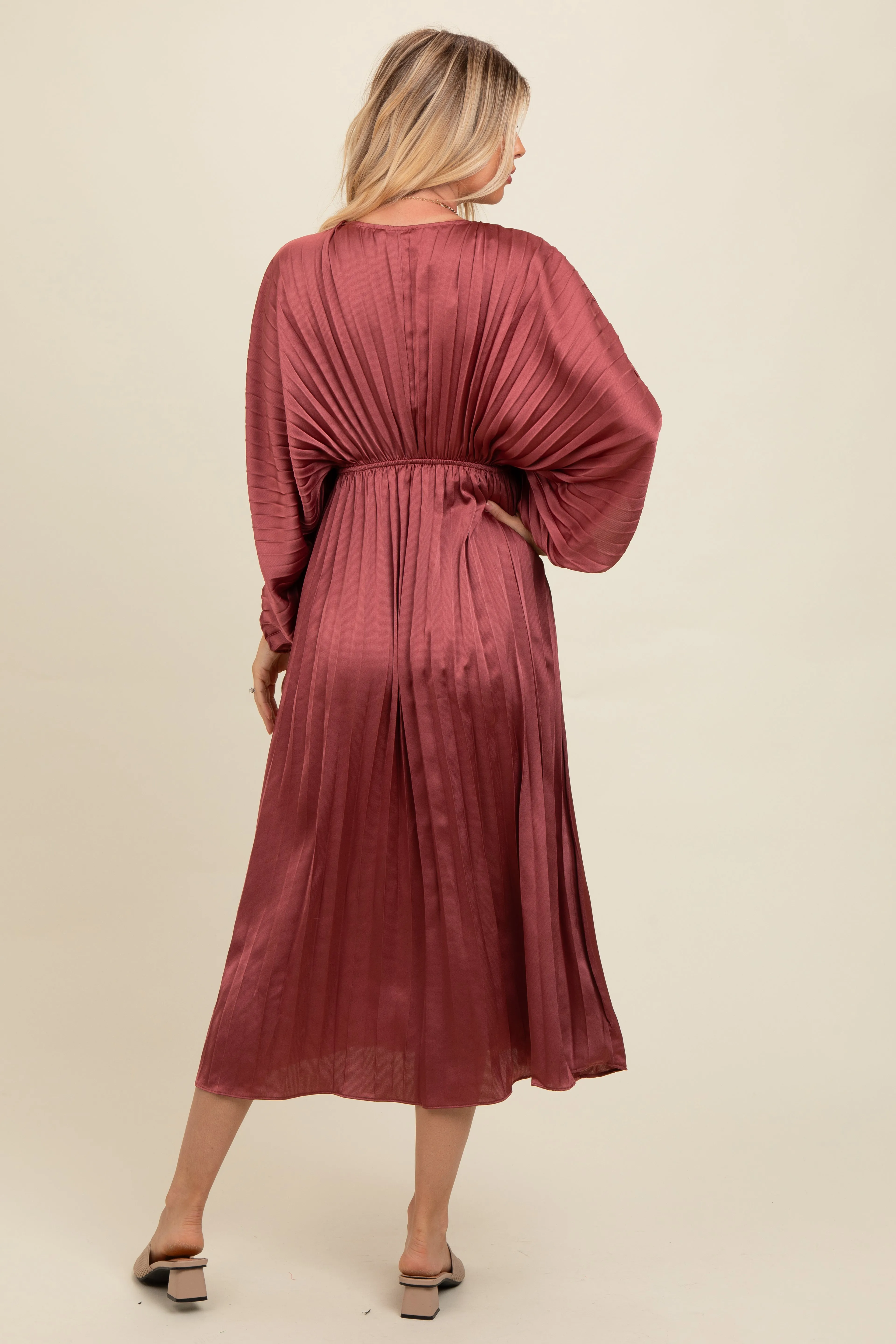 Mauve Satin Pleated V-Neck Maxi Dress sold by Pinkblush product image thumbnail 2
