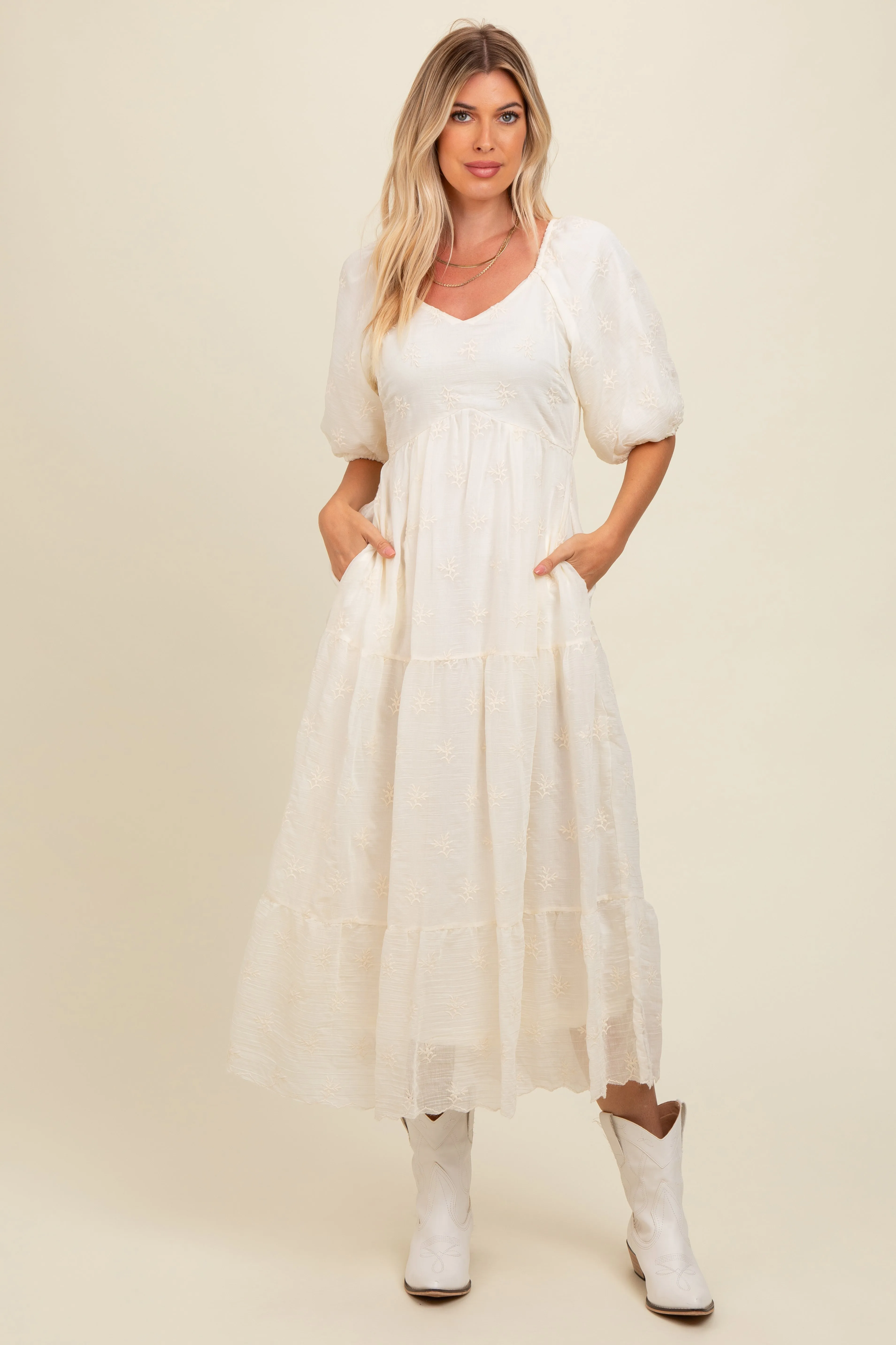 Cream Floral Puff Sleeve Midi Dress sold by Pinkblush