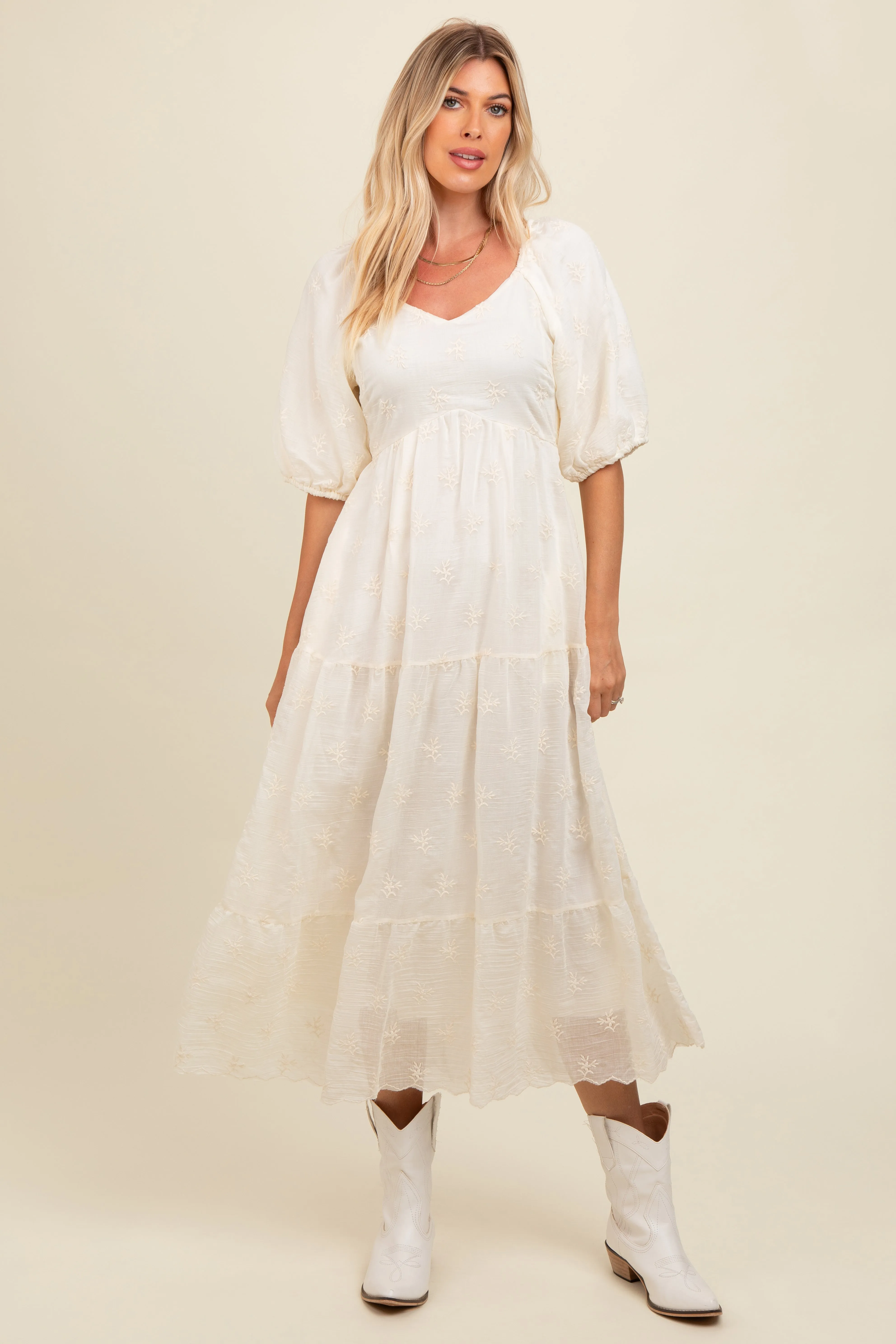 Cream Floral Puff Sleeve Midi Dress sold by Pinkblush product image thumbnail 2