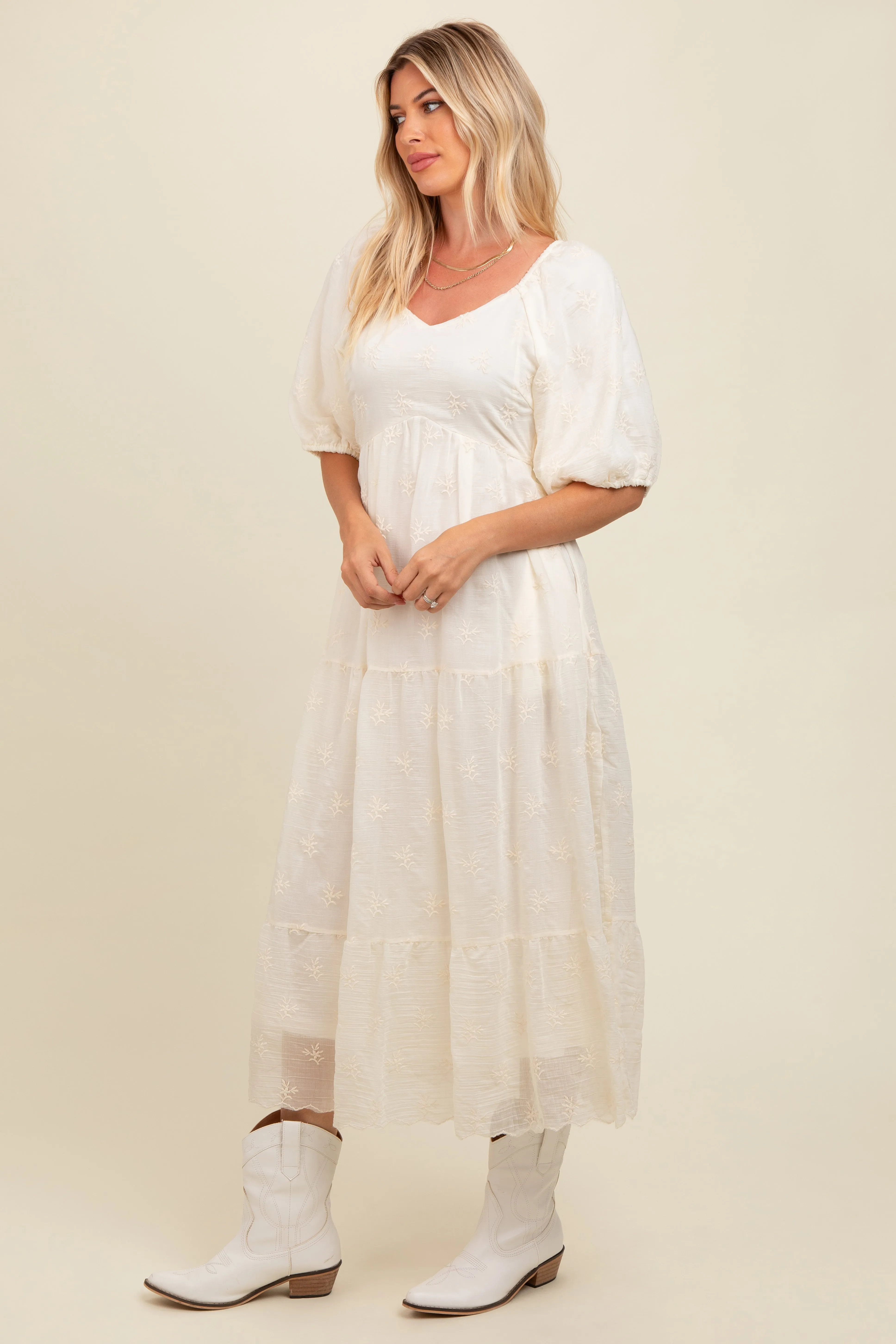 Cream Floral Puff Sleeve Midi Dress sold by Pinkblush product image thumbnail 3