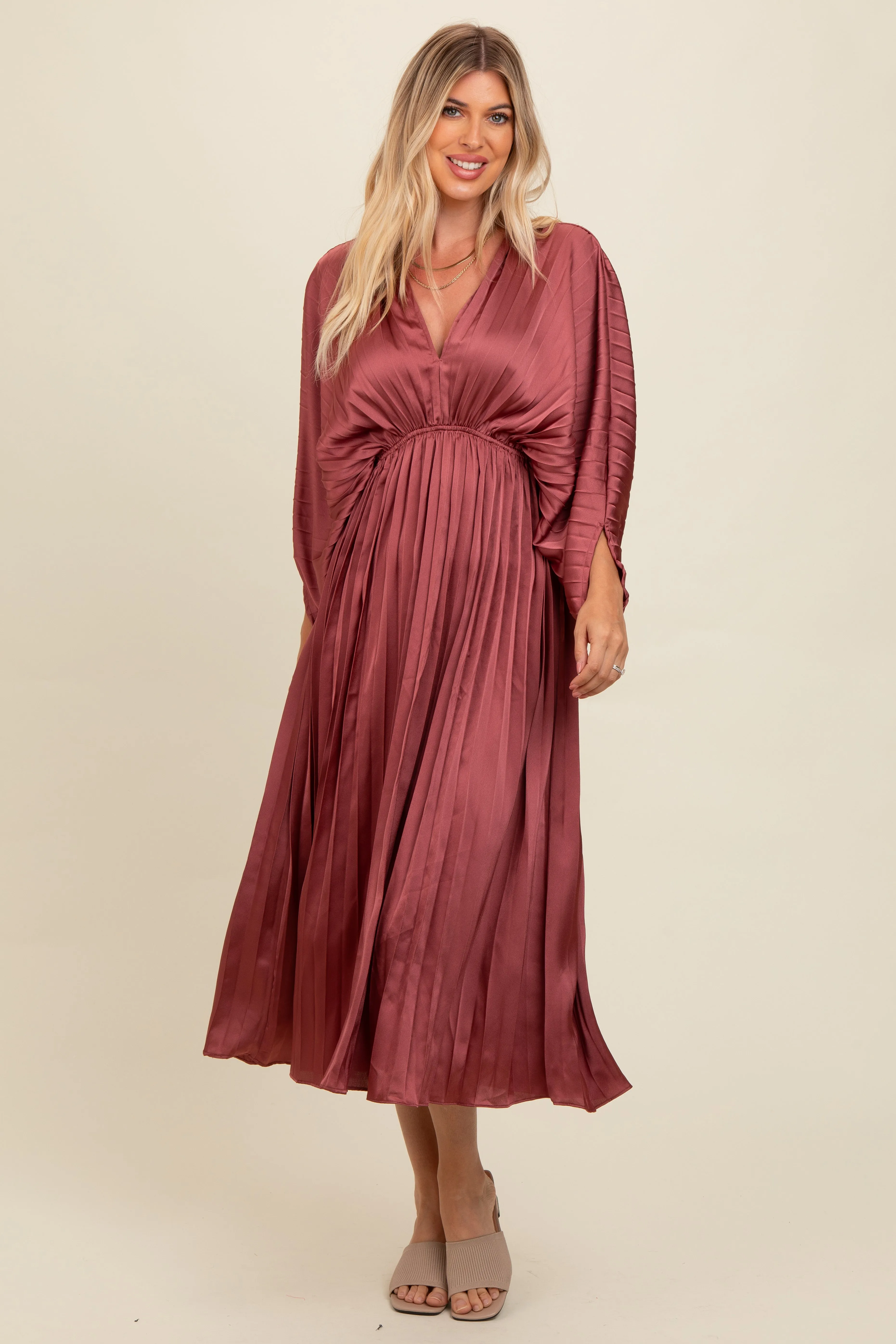 Mauve Satin Pleated V-Neck Maternity Maxi Dress sold by Pinkblush product image thumbnail 3