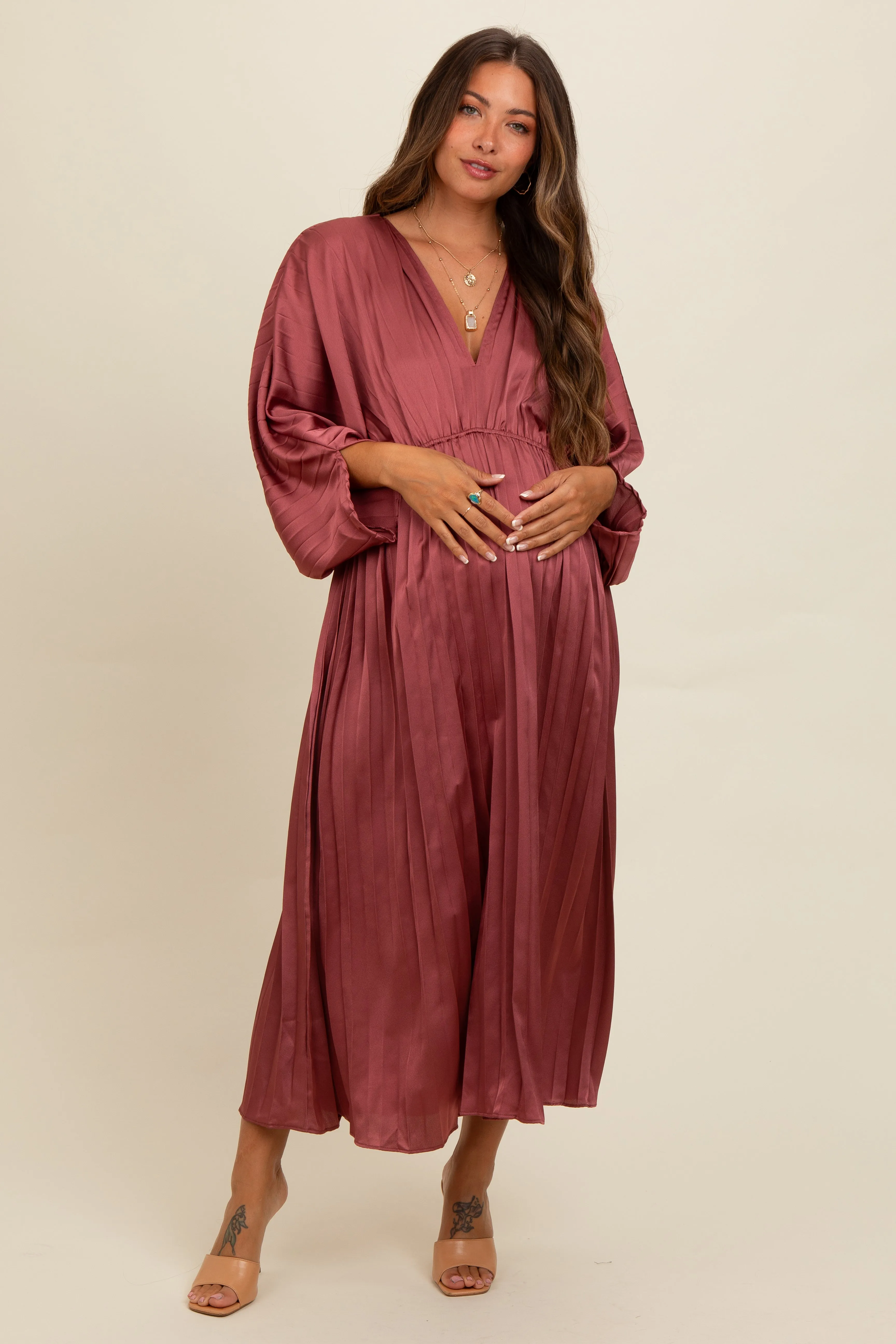 Mauve Satin Pleated V-Neck Maternity Maxi Dress sold by Pinkblush