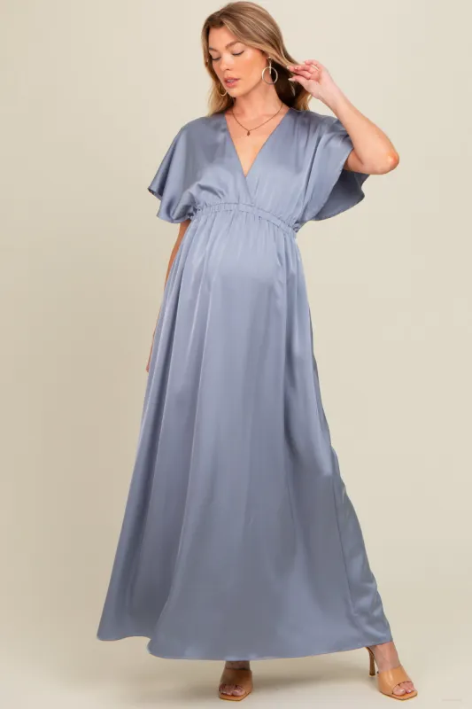 Grey Satin V-Neck Flutter Short Sleeve Maternity Maxi Dress sold by Pinkblush