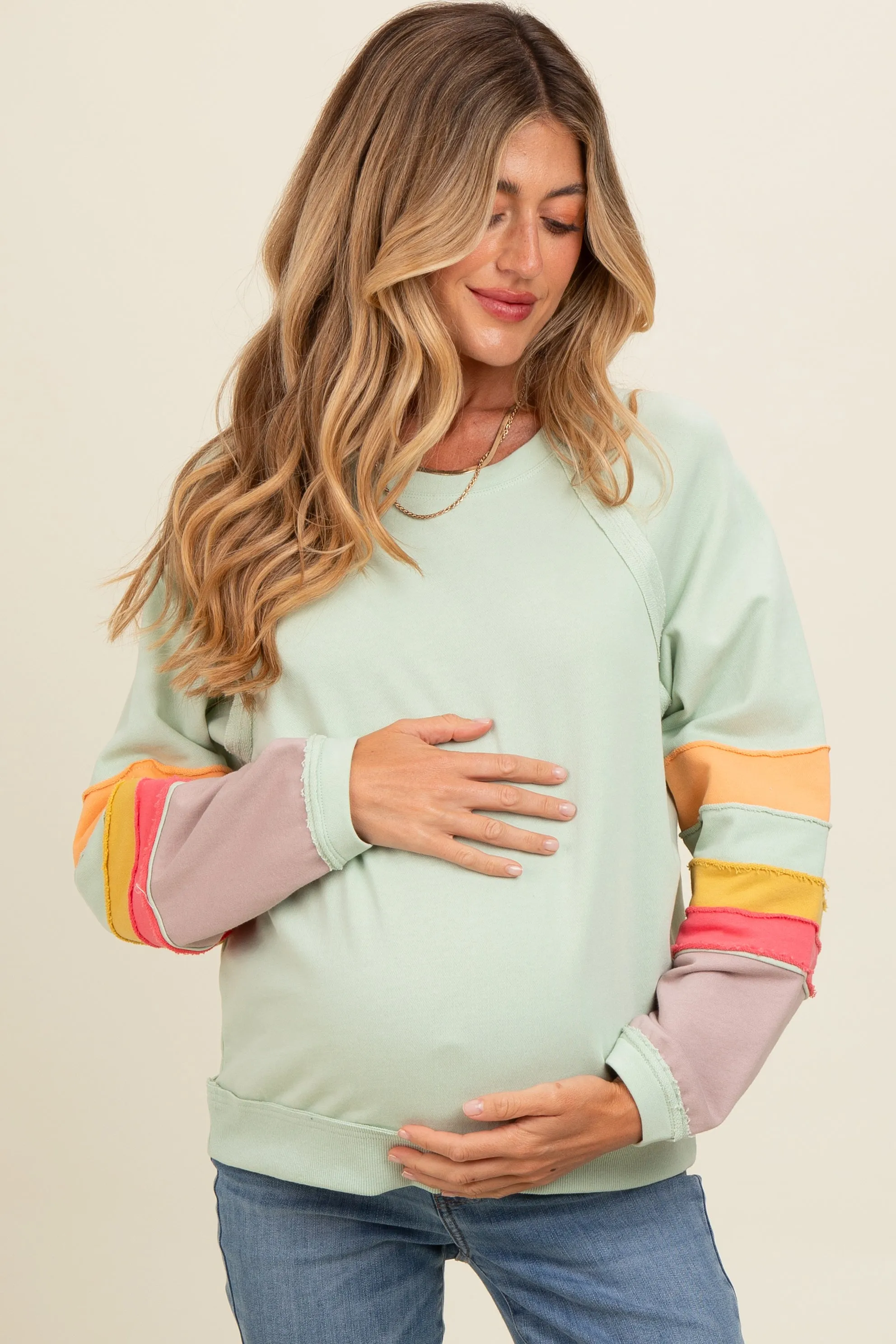 Light Olive Coloblock Sleeve Maternity Pullover sold by Pinkblush