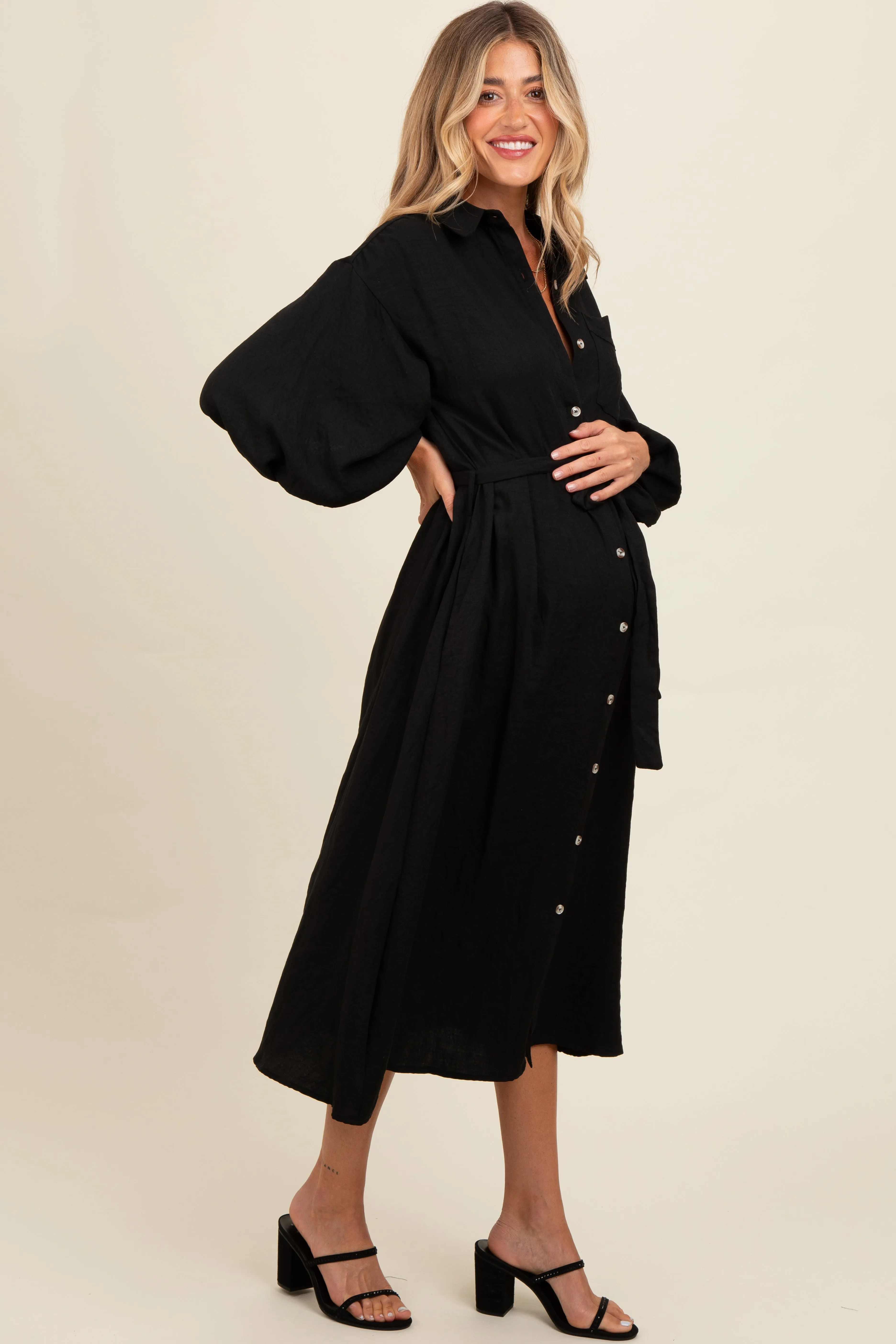 Black Button Down Maternity Midi Dress sold by Pinkblush product image thumbnail 3