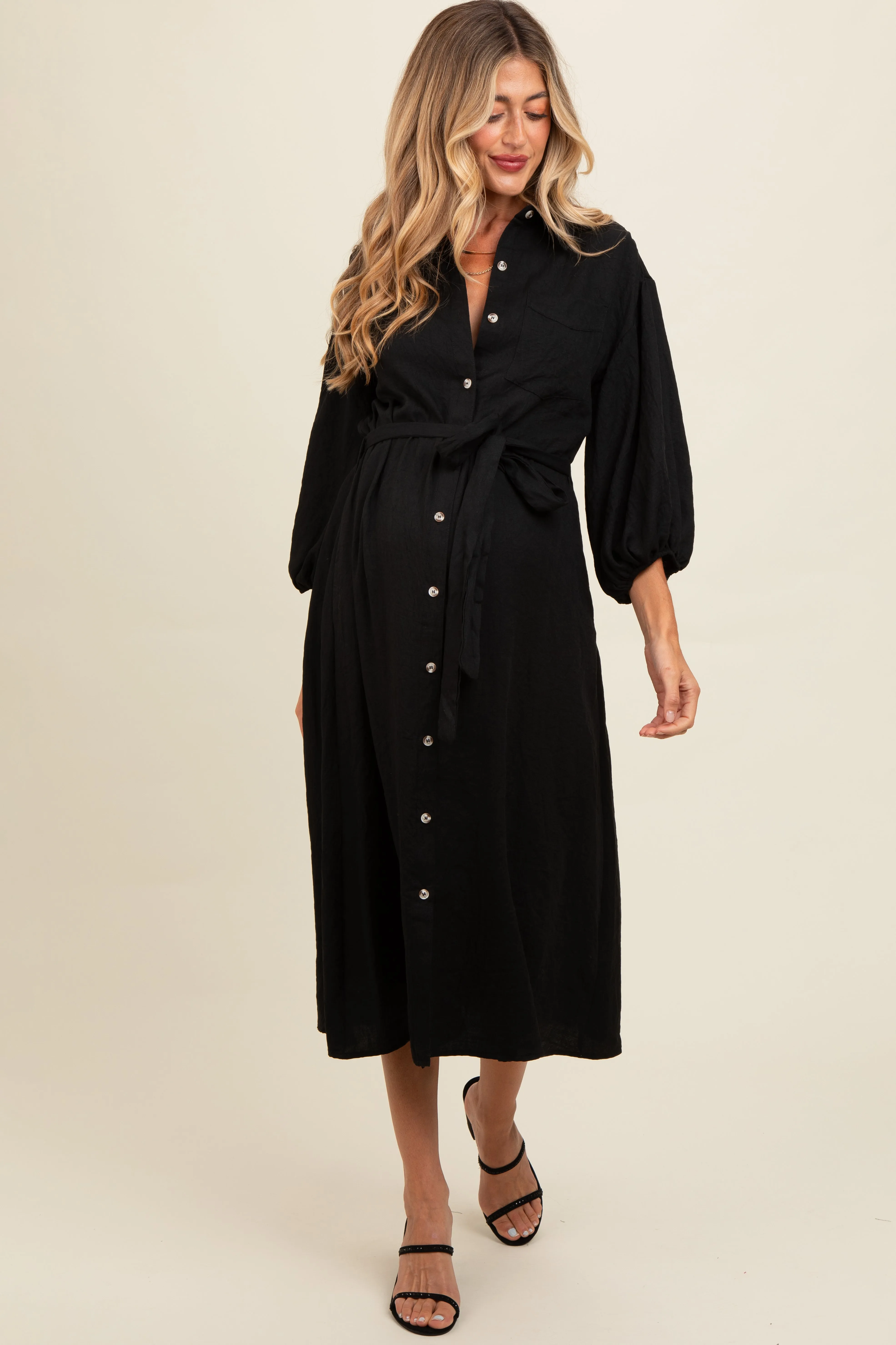Black Button Down Maternity Midi Dress sold by Pinkblush