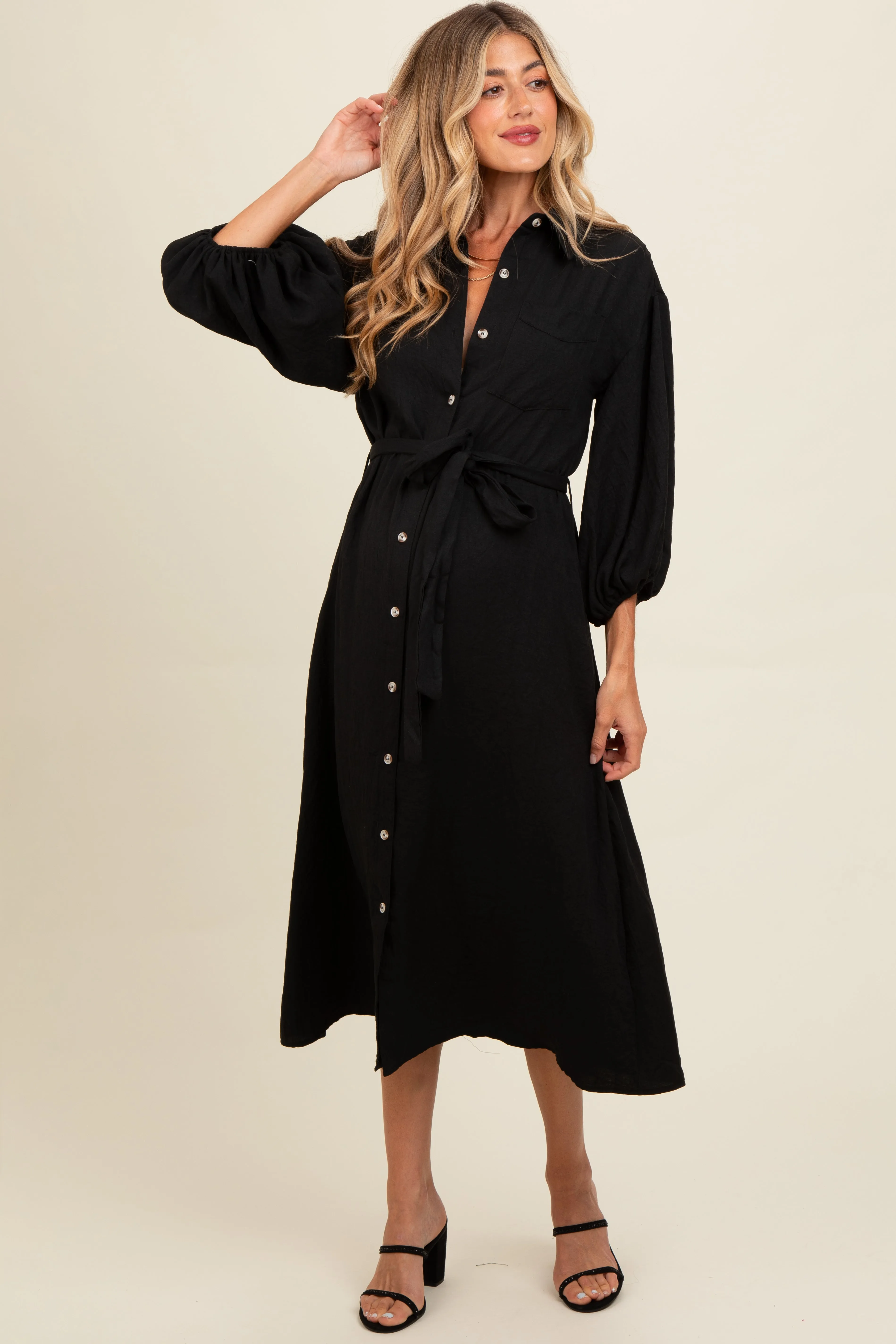Black Button Down Maternity Midi Dress sold by Pinkblush product image thumbnail 2