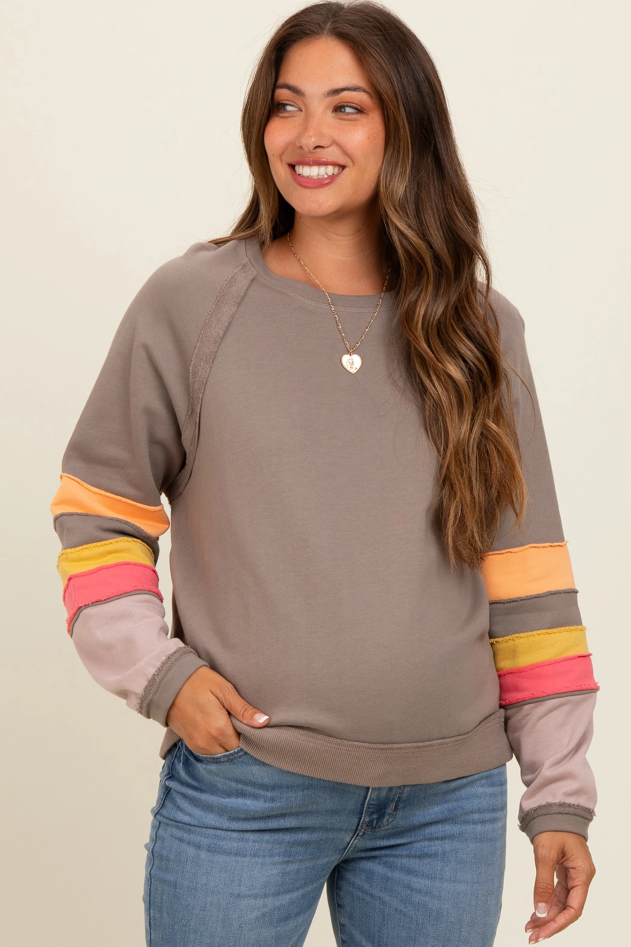 Mocha Colorblock Sleeve Maternity Pullover sold by Pinkblush