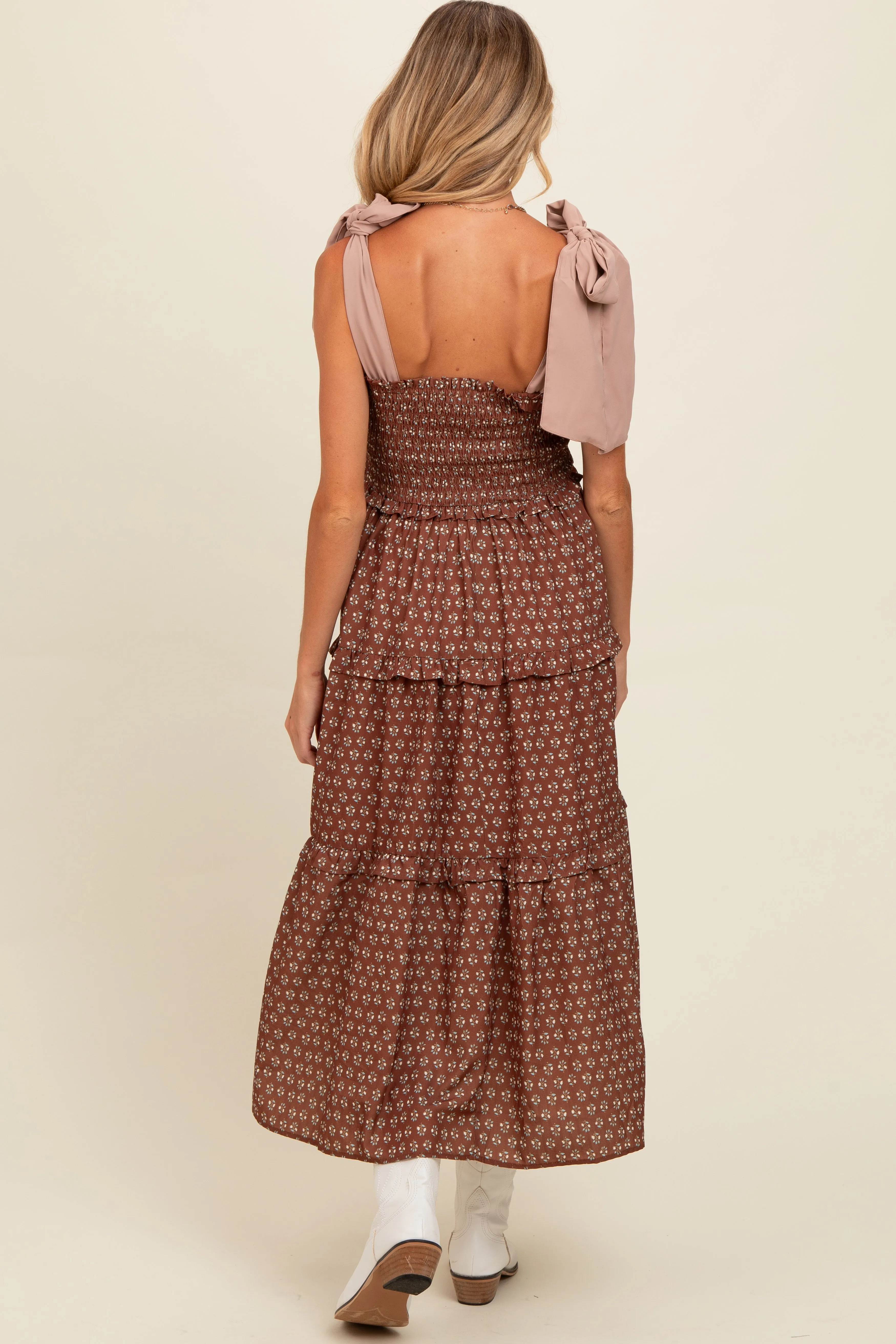 Brown Floral Print Contrast Shoulder Tie Tiered Maternity Midi Dress sold by Pinkblush product image thumbnail 4
