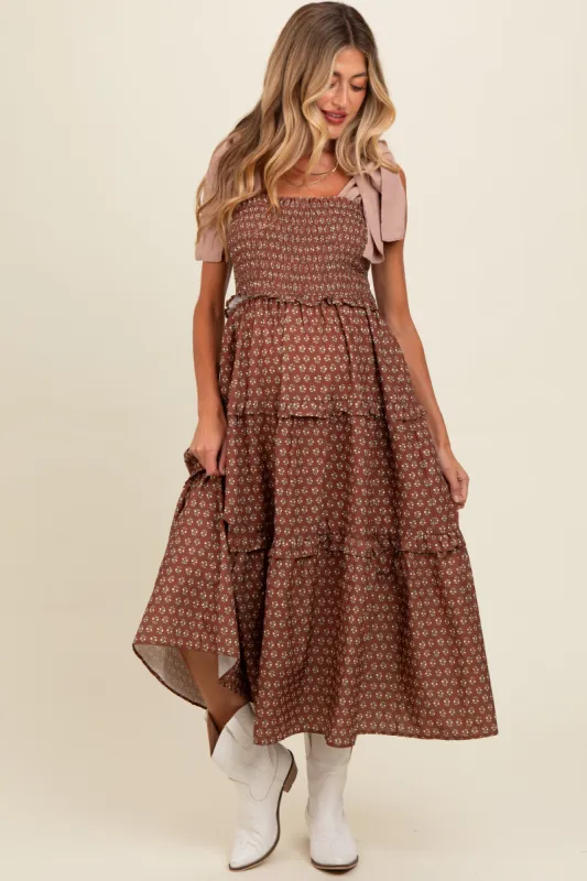 Brown Floral Print Contrast Shoulder Tie Tiered Maternity Midi Dress sold by Pinkblush