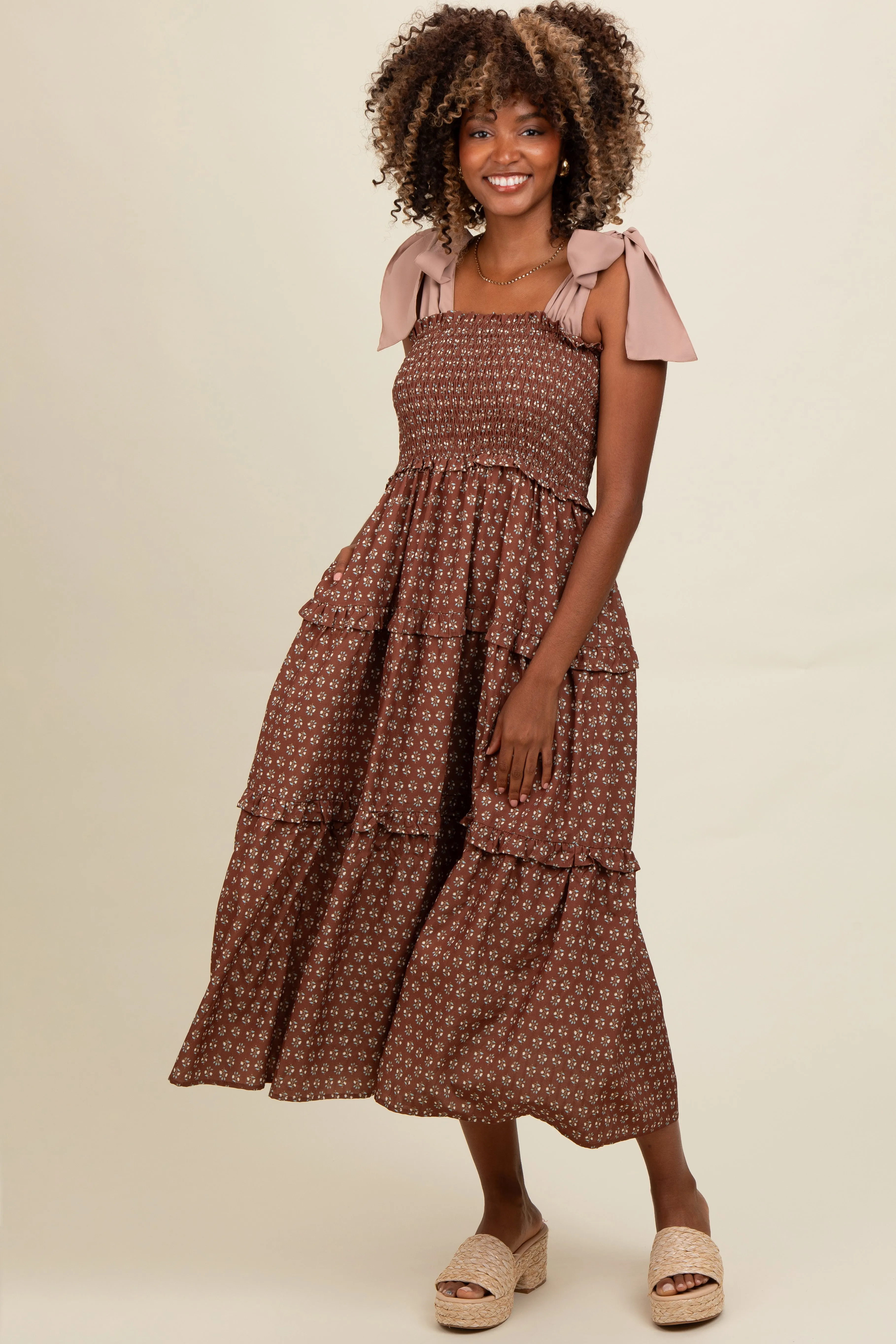 Brown Floral Print Contrast Shoulder Tie Tiered Maternity Midi Dress sold by Pinkblush product image thumbnail 5