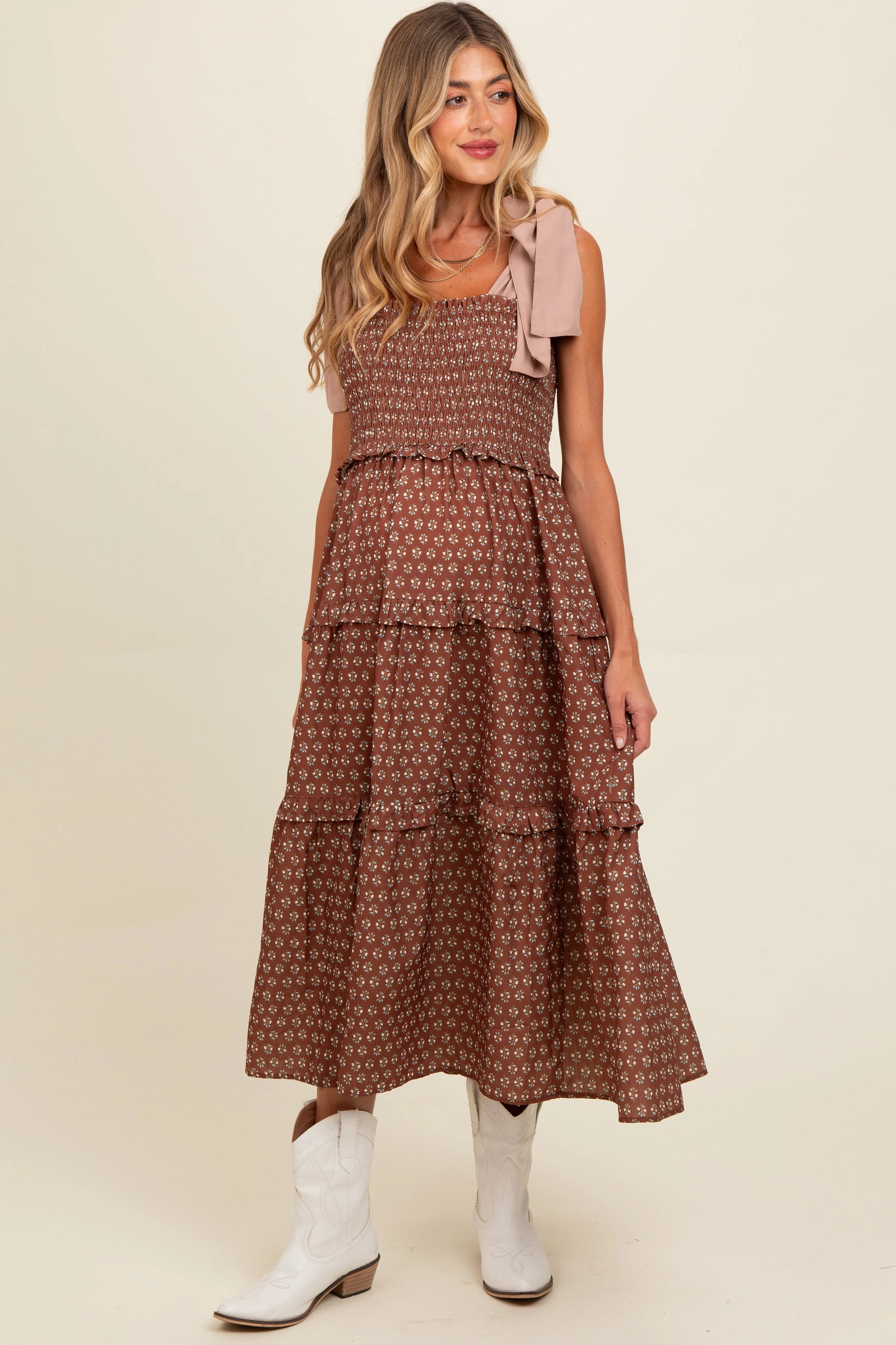 Brown Floral Print Contrast Shoulder Tie Tiered Maternity Midi Dress sold by Pinkblush product image thumbnail 2