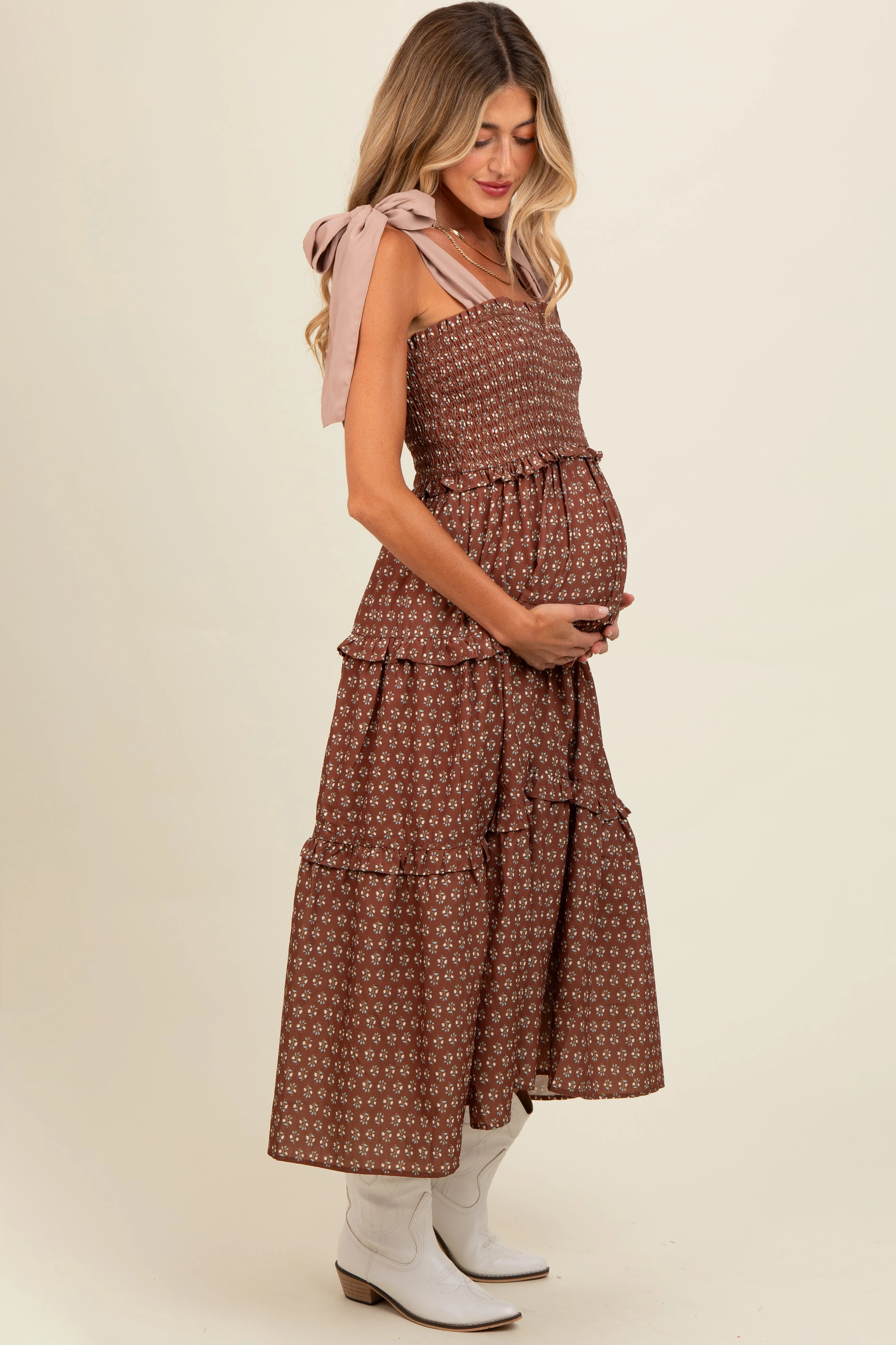 Brown Floral Print Contrast Shoulder Tie Tiered Maternity Midi Dress sold by Pinkblush product image thumbnail 3