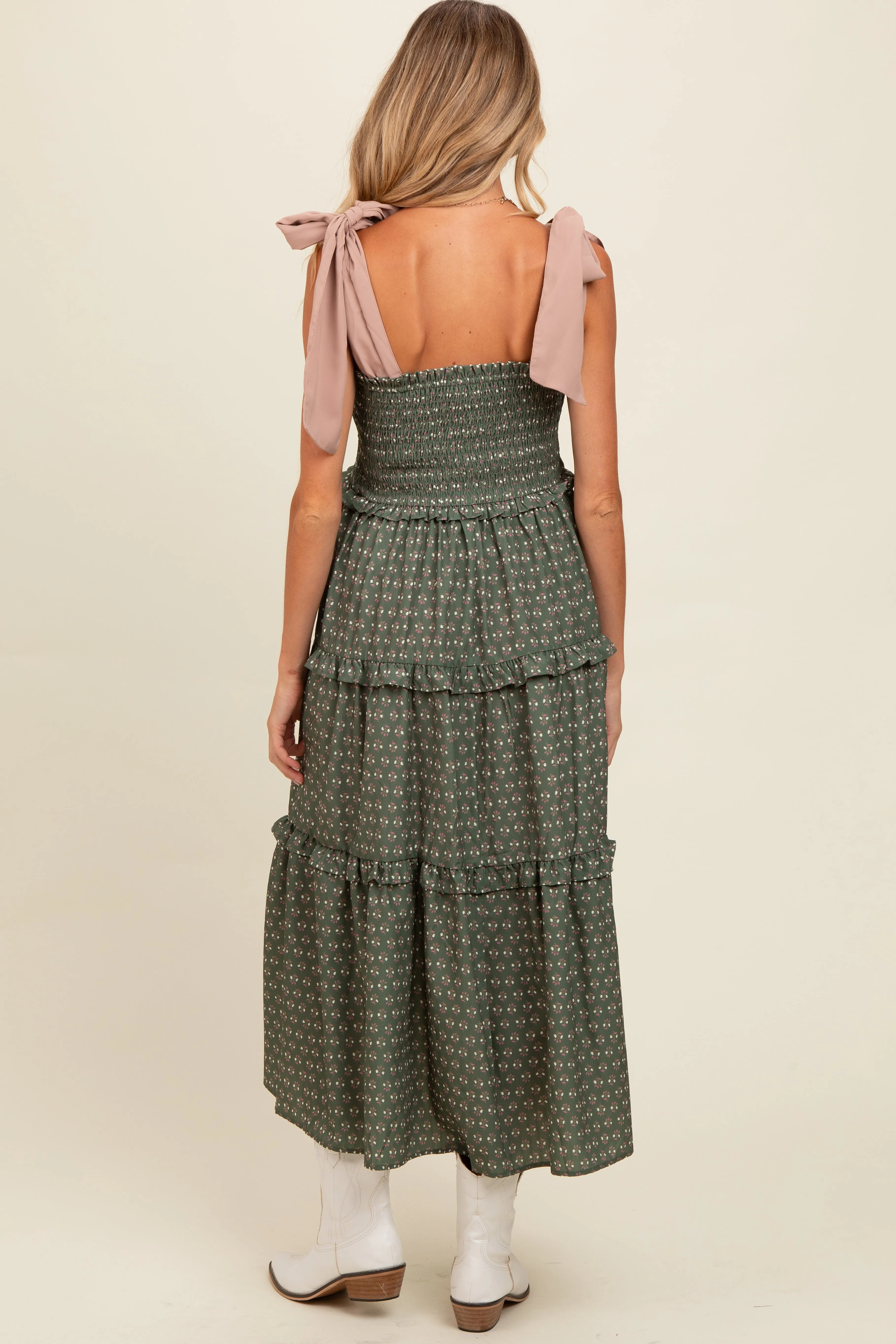 Olive Floral Print Contrast Shoulder Tie Tiered Maternity Midi Dress sold by Pinkblush product image thumbnail 3