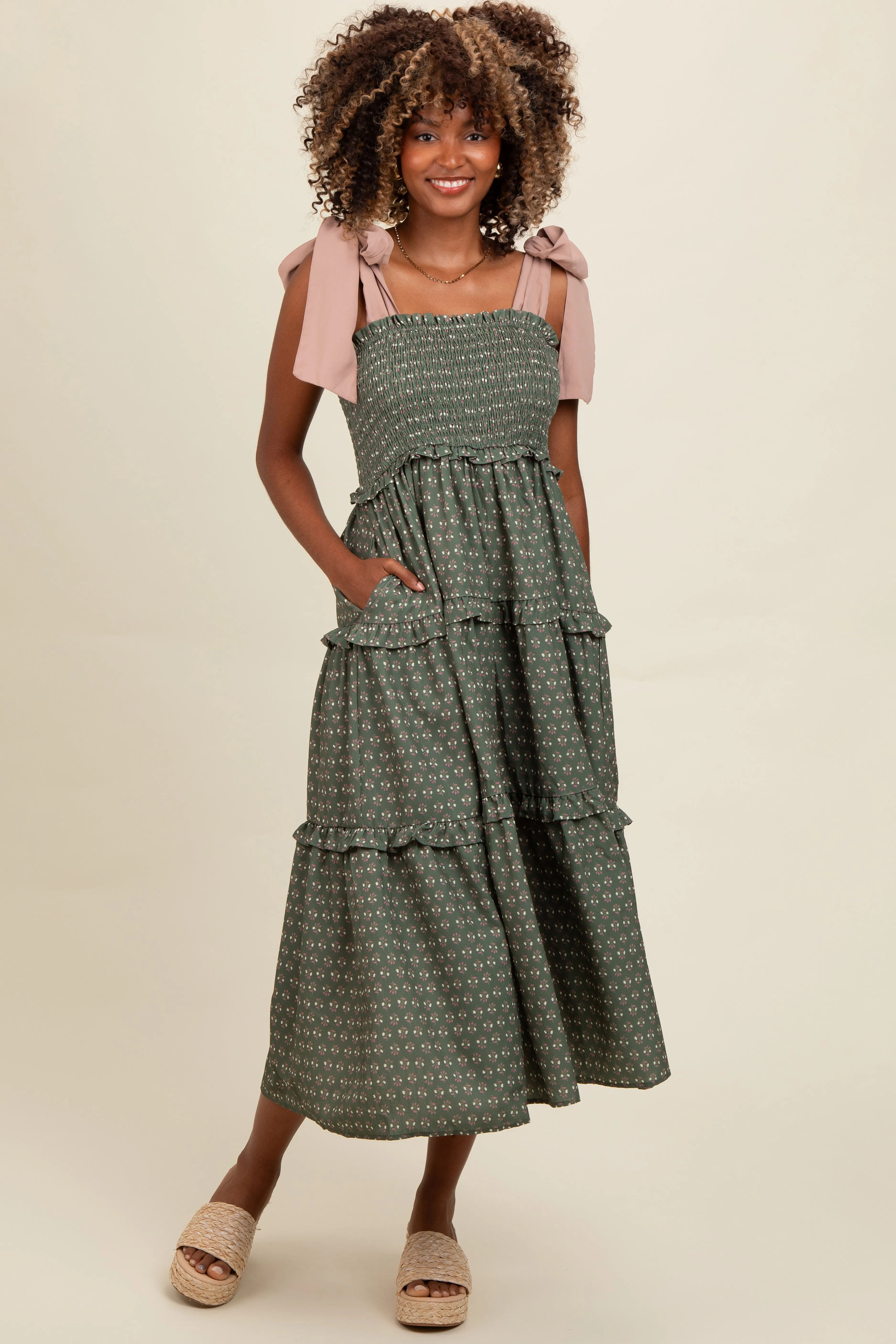 Olive Floral Print Contrast Shoulder Tie Tiered Maternity Midi Dress sold by Pinkblush product image thumbnail 4