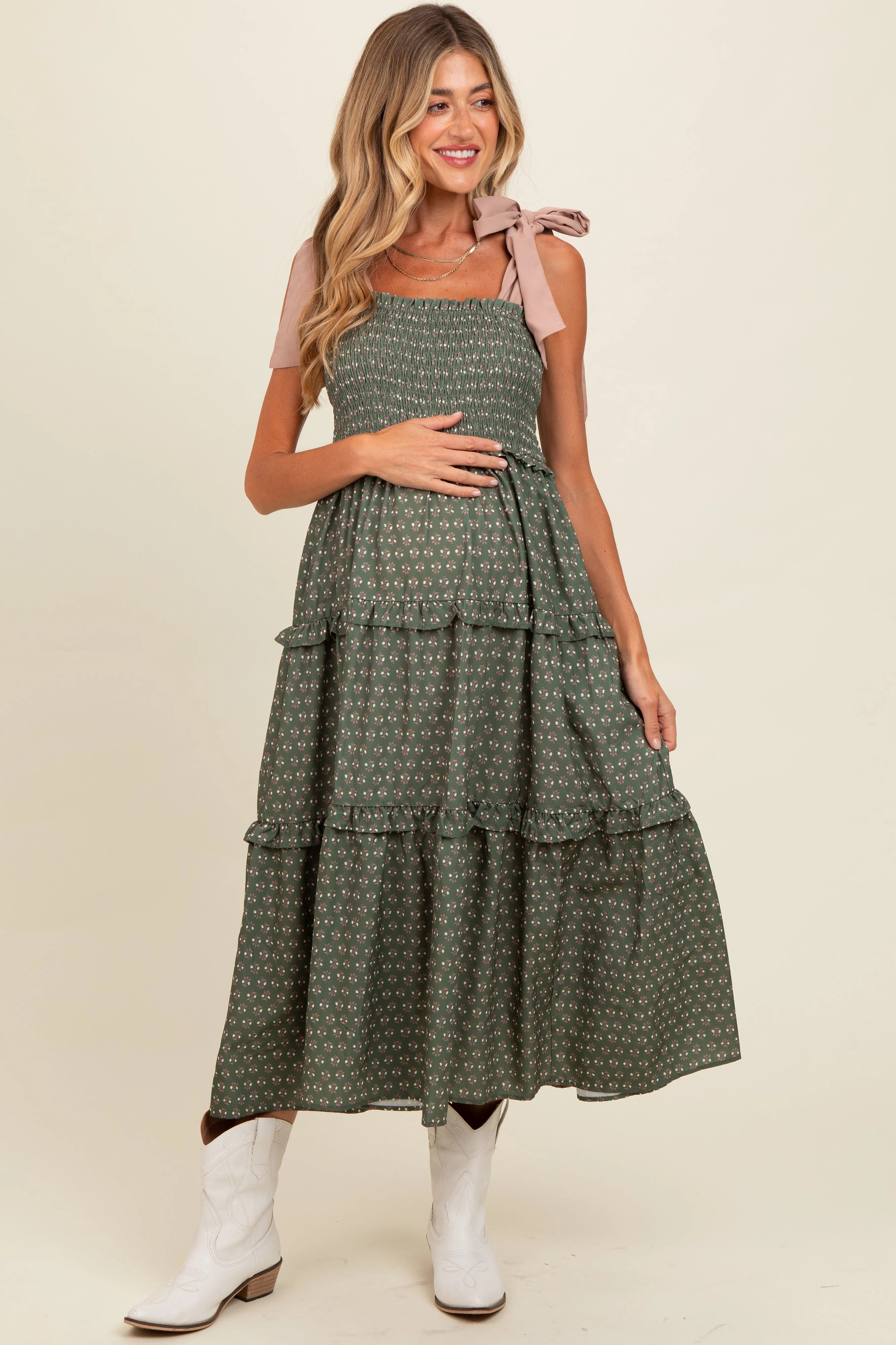 Olive Floral Print Contrast Shoulder Tie Tiered Maternity Midi Dress sold by Pinkblush