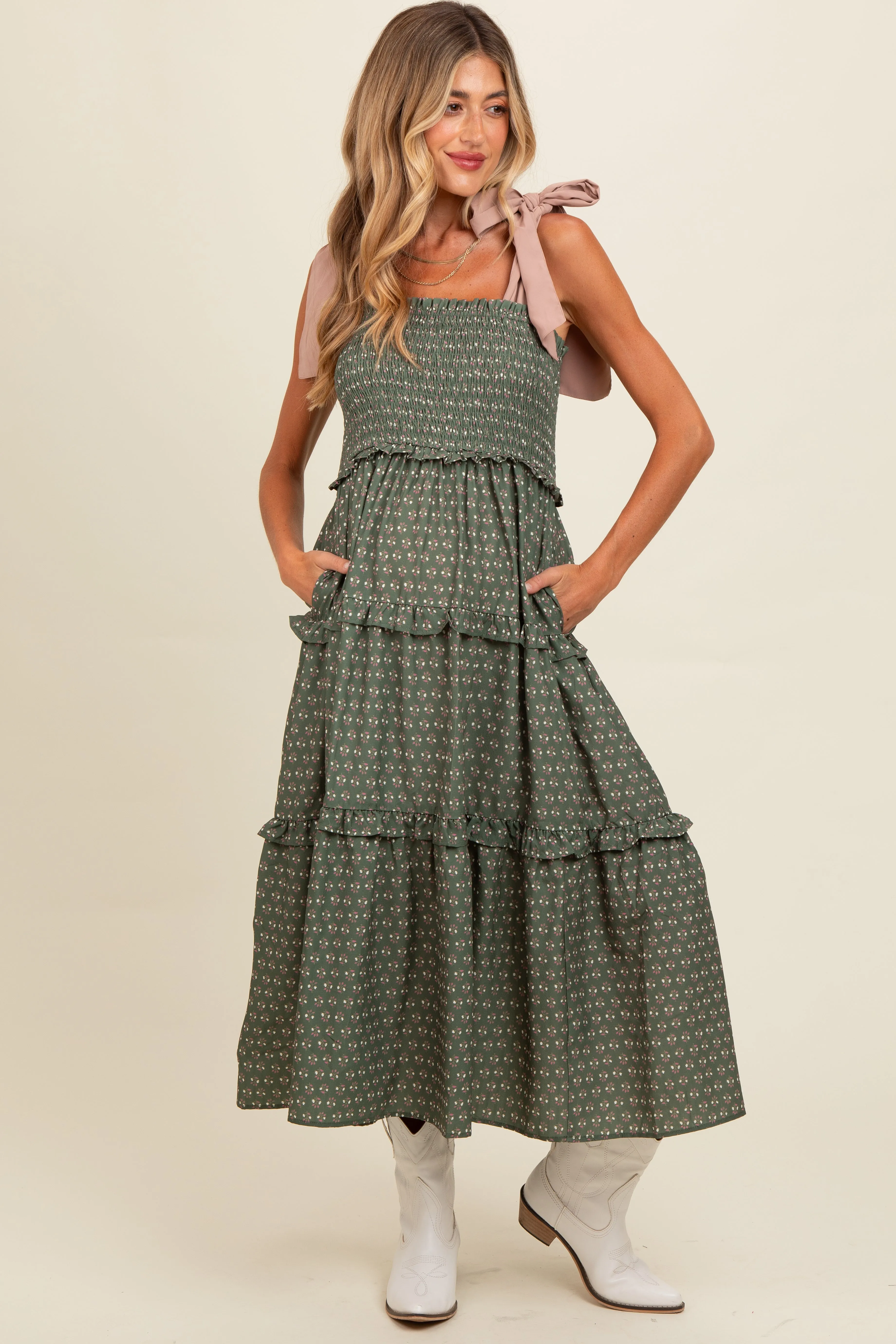 Olive Floral Print Contrast Shoulder Tie Tiered Maternity Midi Dress sold by Pinkblush product image thumbnail 2
