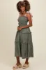 Olive Floral Print Contrast Shoulder Tie Tiered Midi Dress sold by Pinkblush