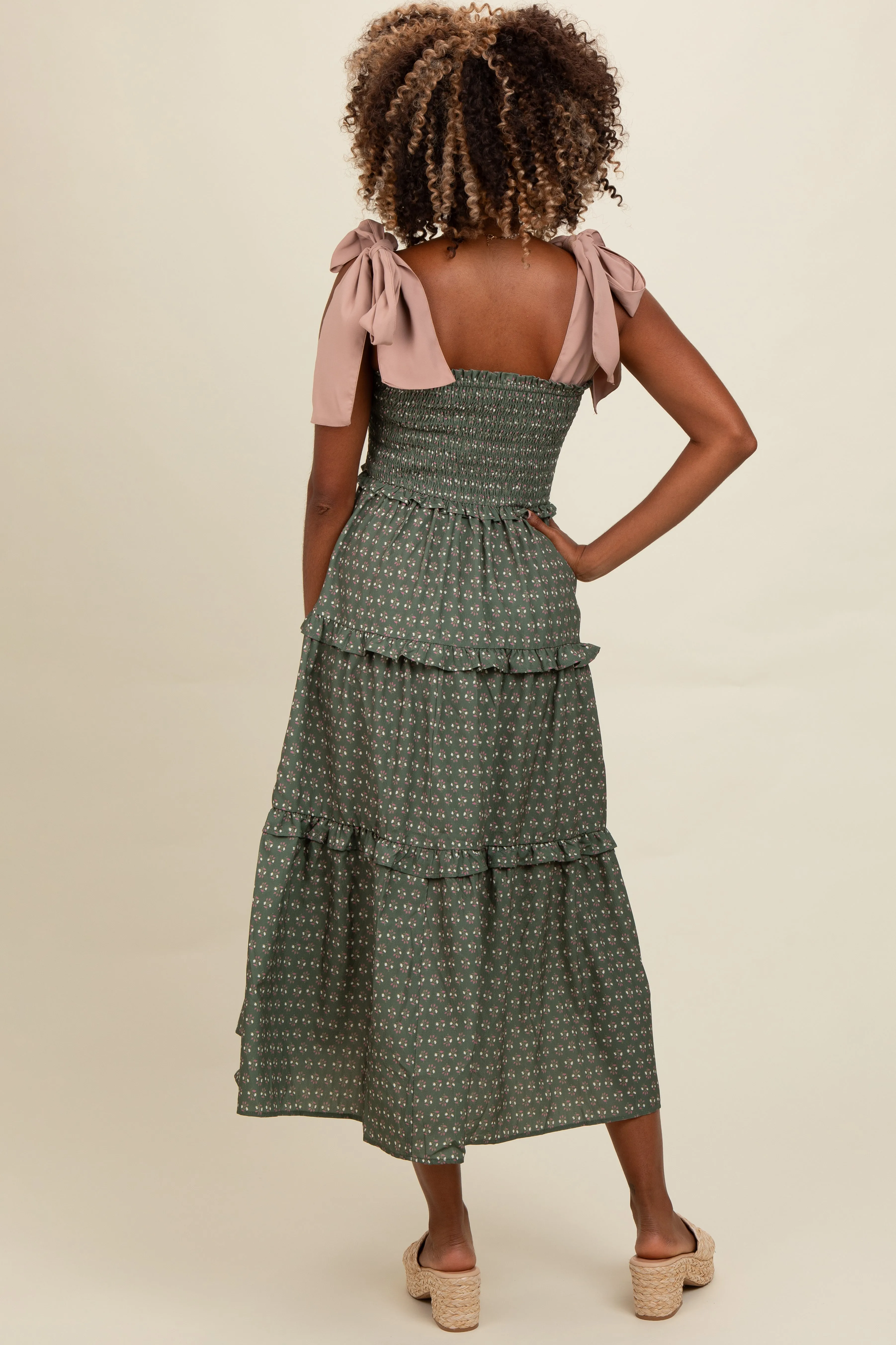 Olive Floral Print Contrast Shoulder Tie Tiered Midi Dress sold by Pinkblush product image thumbnail 3