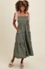 Olive Floral Print Contrast Shoulder Tie Tiered Midi Dress sold by Pinkblush