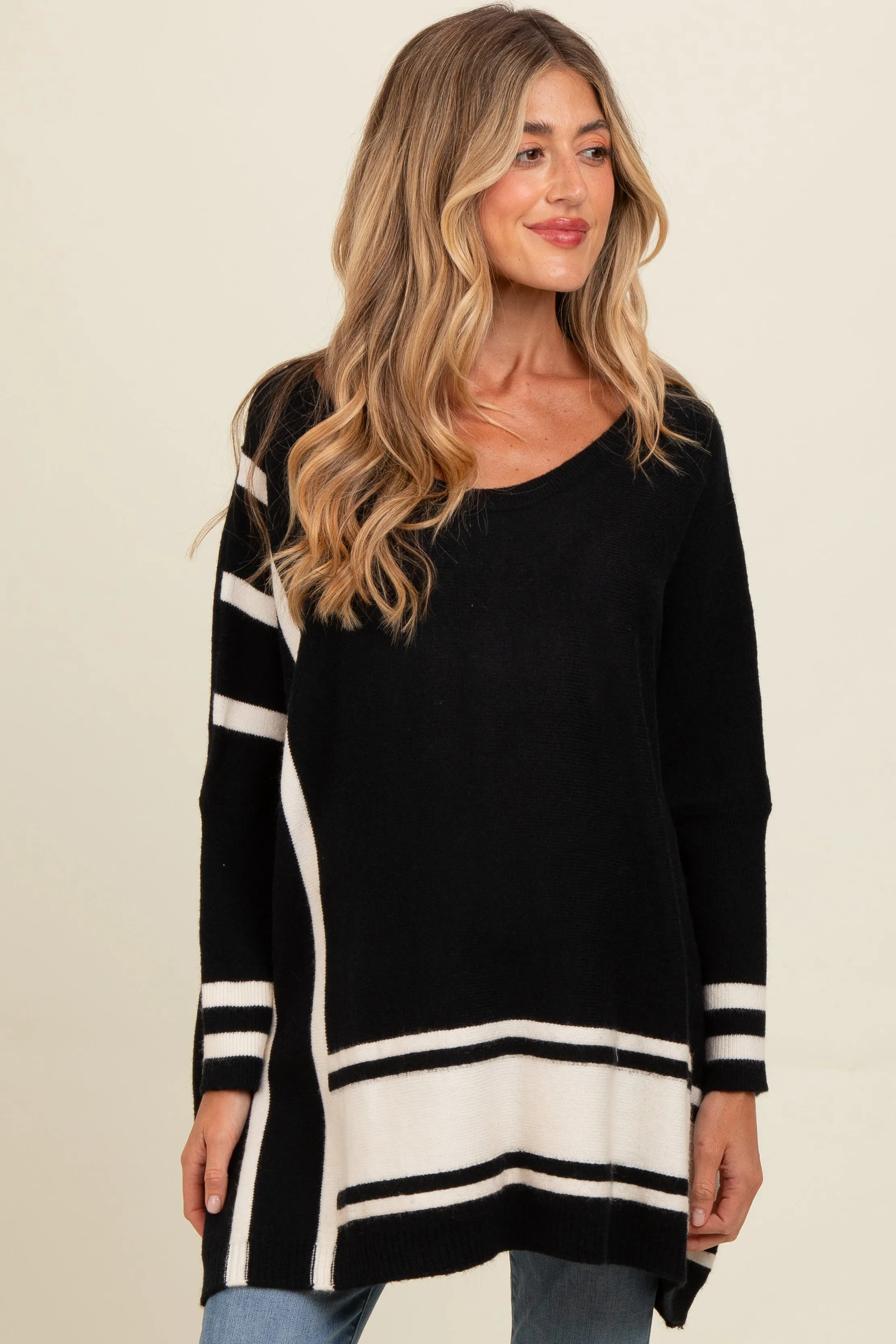 Black Mixed Stripe Dolman Sleeve Maternity Sweater sold by Pinkblush
